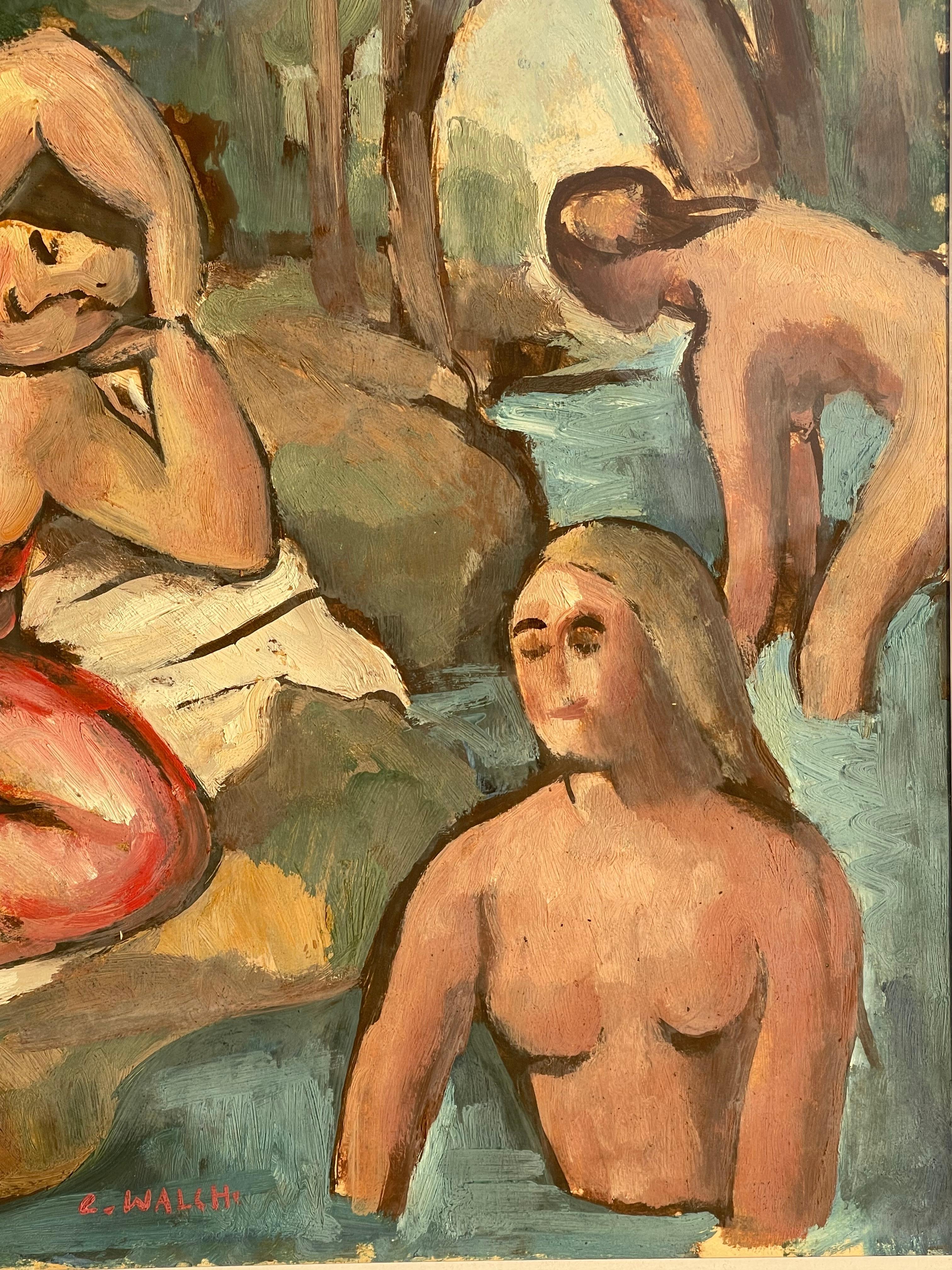 20th Century Charles WALCH (1896-1948) - Bathing In The River, Gouache For Sale
