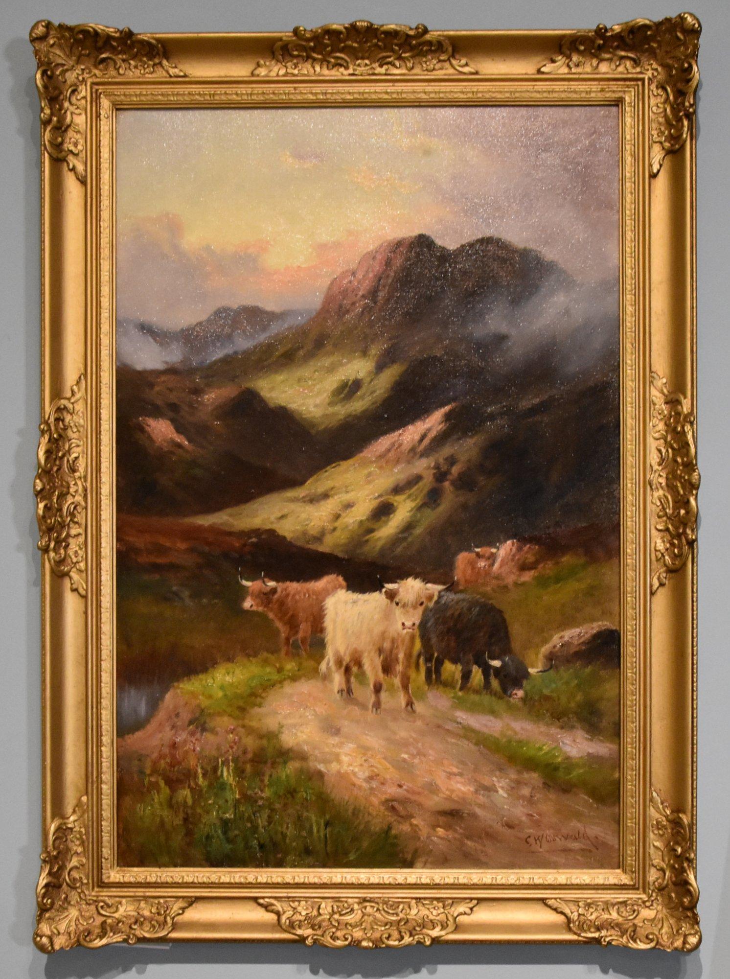 Peinture à l'huile de Charles Walter Oswald "Evening in the Glen" Né en 1850, il s'épanouit en 1900. Peintre de Liverpool représentant le bétail des Highlands et les chevaux de trait. Il a été exposé à la Walker Art Gallery et fait partie de la