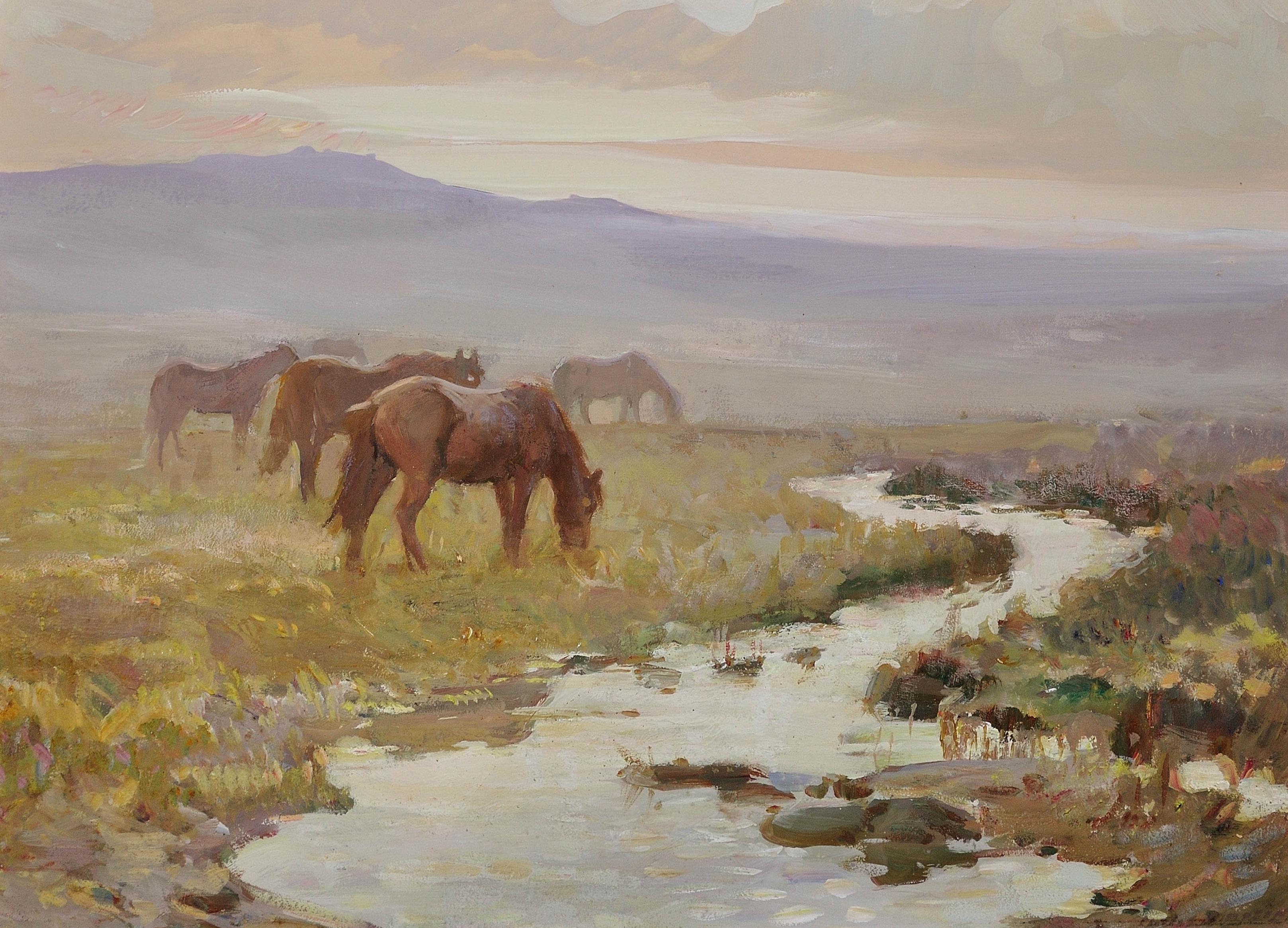 Dartmoor Ponys. Frühe Morgendämmerung und Haze. Devon Moor Pony.1930er Jahre. Wildpferde – Painting von Charles Walter Simpson