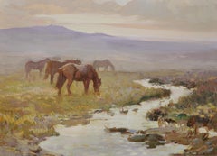 Dartmoor Ponies Early Morning Mist & Haze Devon Landscape des années 1930