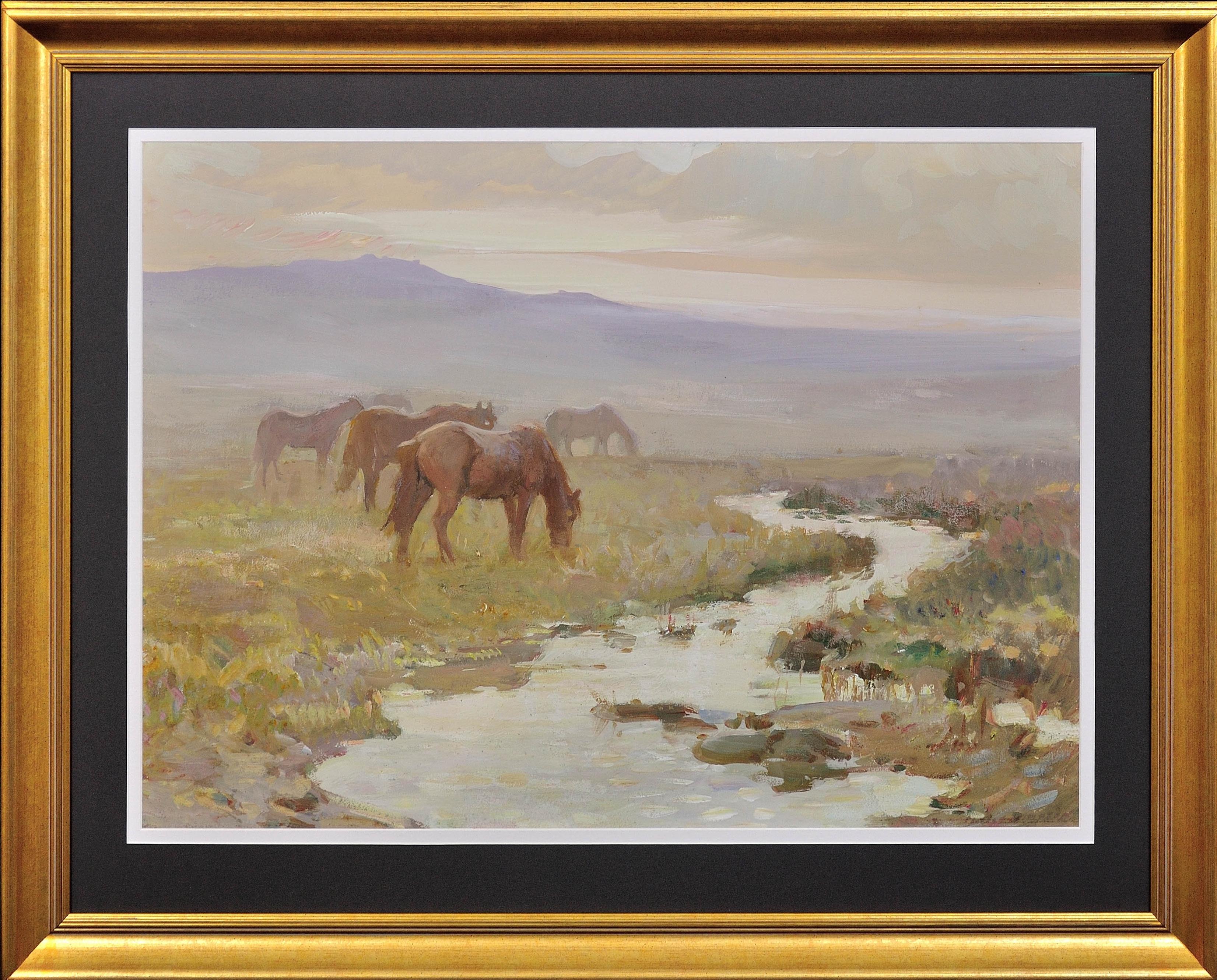 Charles Walter Simpson Landscape Painting – Dartmoor Ponys. Frühe Morgendämmerung und Haze. Devon Moor Pony.1930er Jahre. Wildpferde