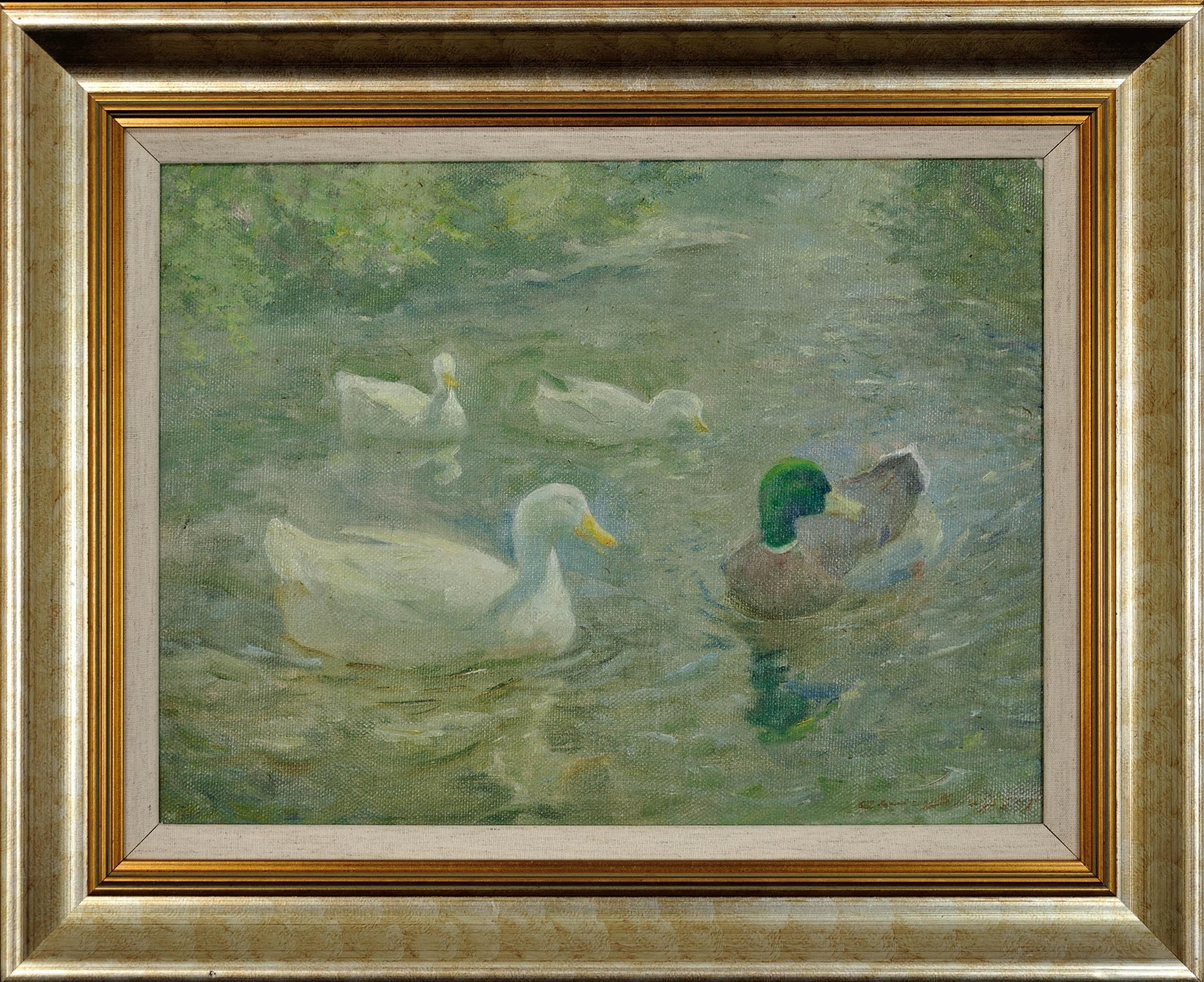 Animal Painting di Charles Walter Simpson - Haze e Sunshine. Anatre che nuotano alla luce del sole. Circa 1940. Lamorna Cornovaglia.