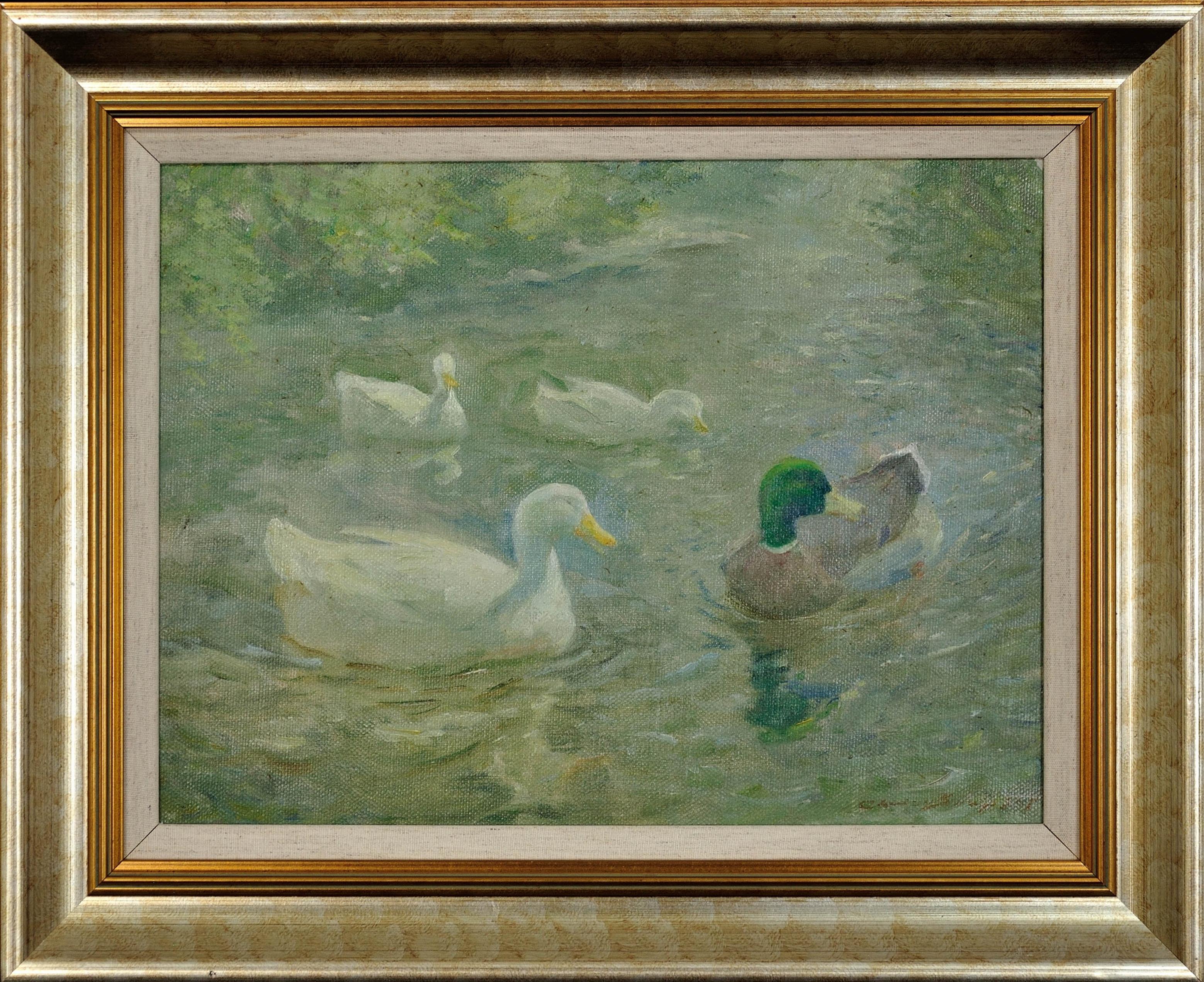 Charles Walter Simpson Animal Painting - Haze and Sunshine. Swimming Ducks in Hazy Sunlight.Circa 1940. Lamorna Cornwall.