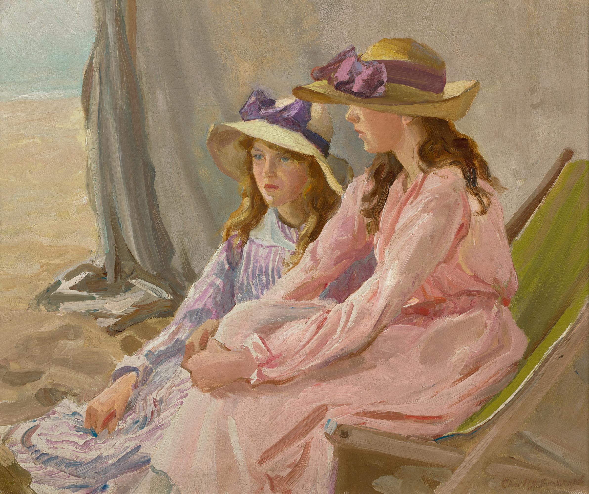 Charles Walter Simpson, RBA, RI, ROI
1885-1971  British

The Tent

Signed "Charles Simpson" (lower right) Oil on canvas

The sunny warmth of a leisurely day on the beach radiates from this composition by acclaimed British genre painter, Charles