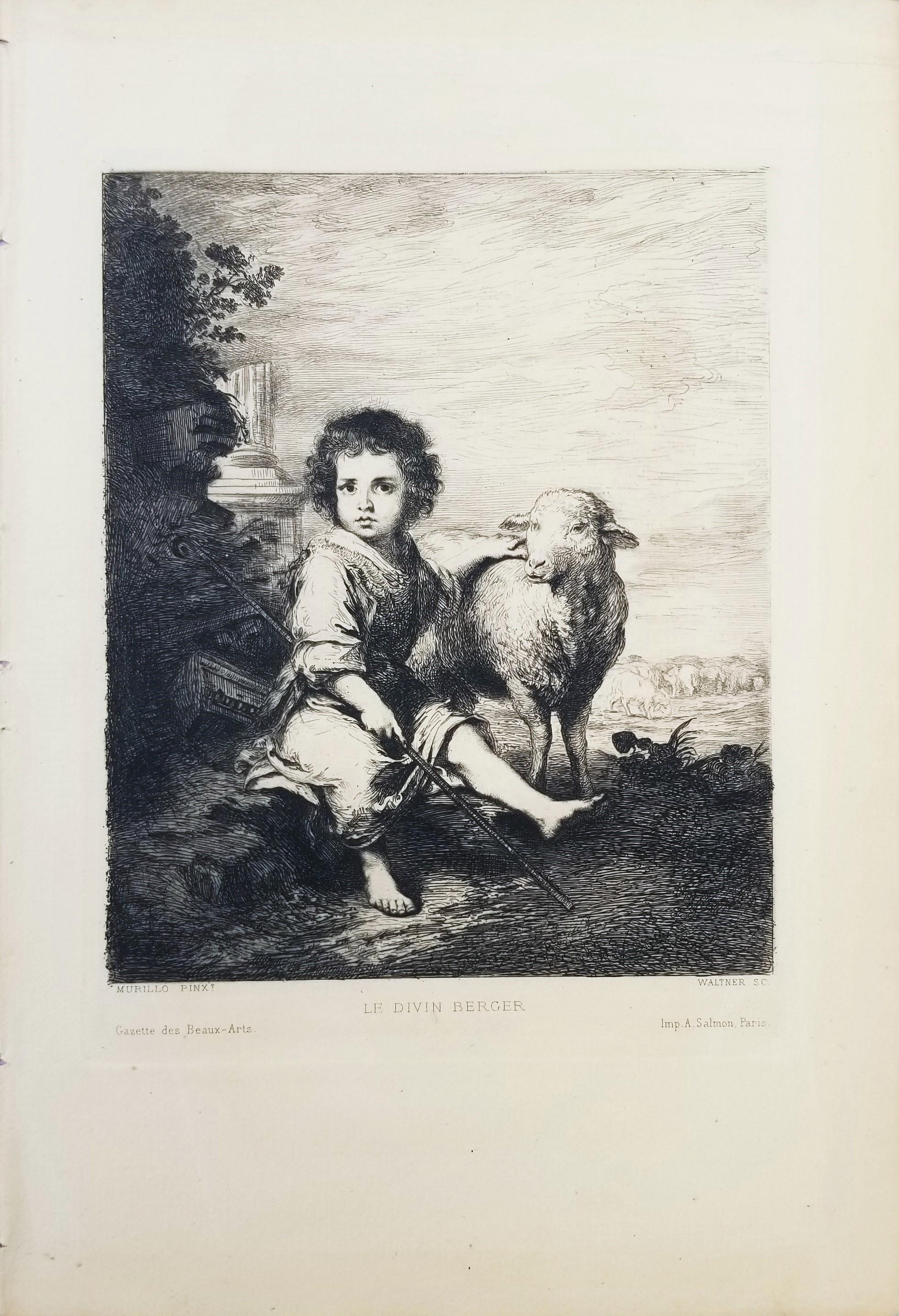 Le Divin Berger (The Divine Shepherd) /// Old Masters Boy Sheep Etching Antique - Print by Charles Waltner
