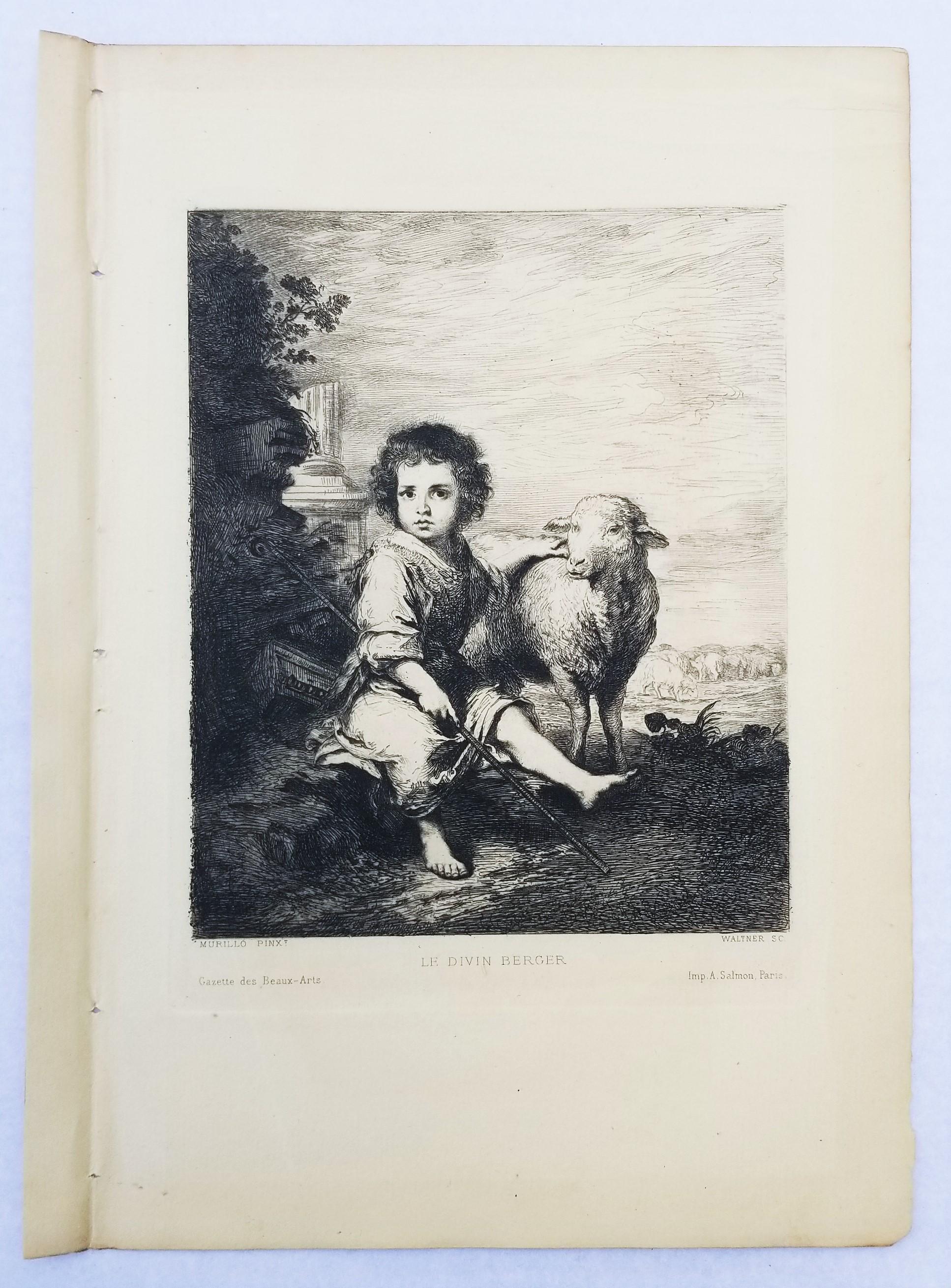Le Divin Berger (Der göttliche Hirte) ///alter Meister Junge Schafe Radierung Antike (Alte Meister), Print, von Charles Waltner