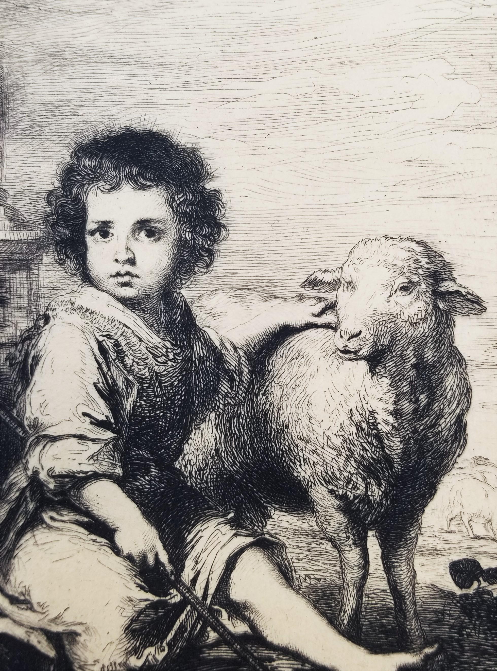 Le Divin Berger (The Divine Shepherd) /// Old Masters Boy Sheep Etching Antique - Beige Animal Print by Charles Waltner