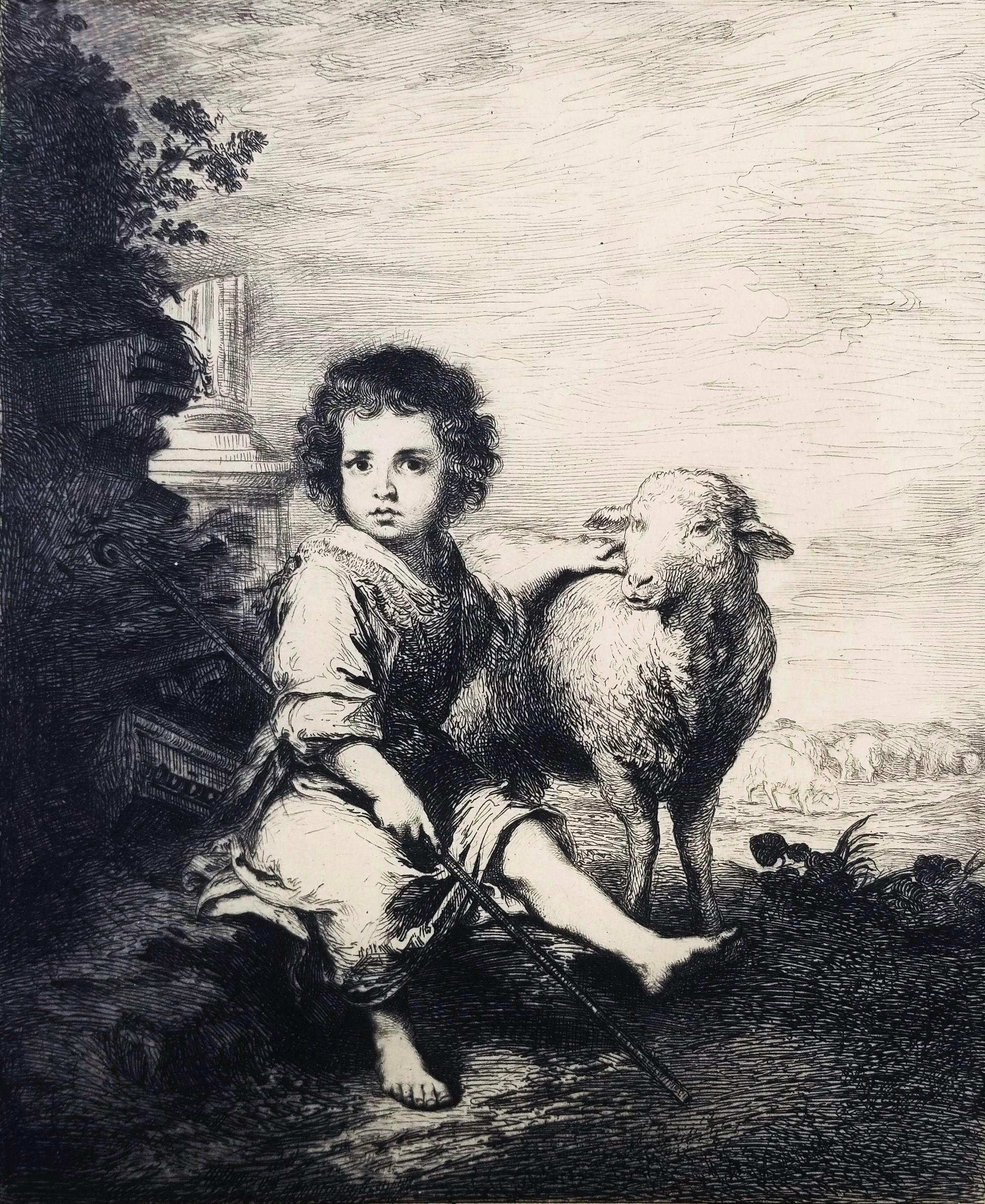 Animal Print Charles Waltner - Le Divin Berger /// Old Masters Boy Sheep Etching Antique (Gravure à l'eau-forte)