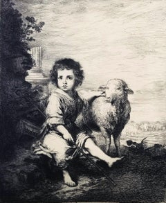 Le Divin Berger /// Old Masters Boy Sheep Etching Antique (Gravure à l'eau-forte)