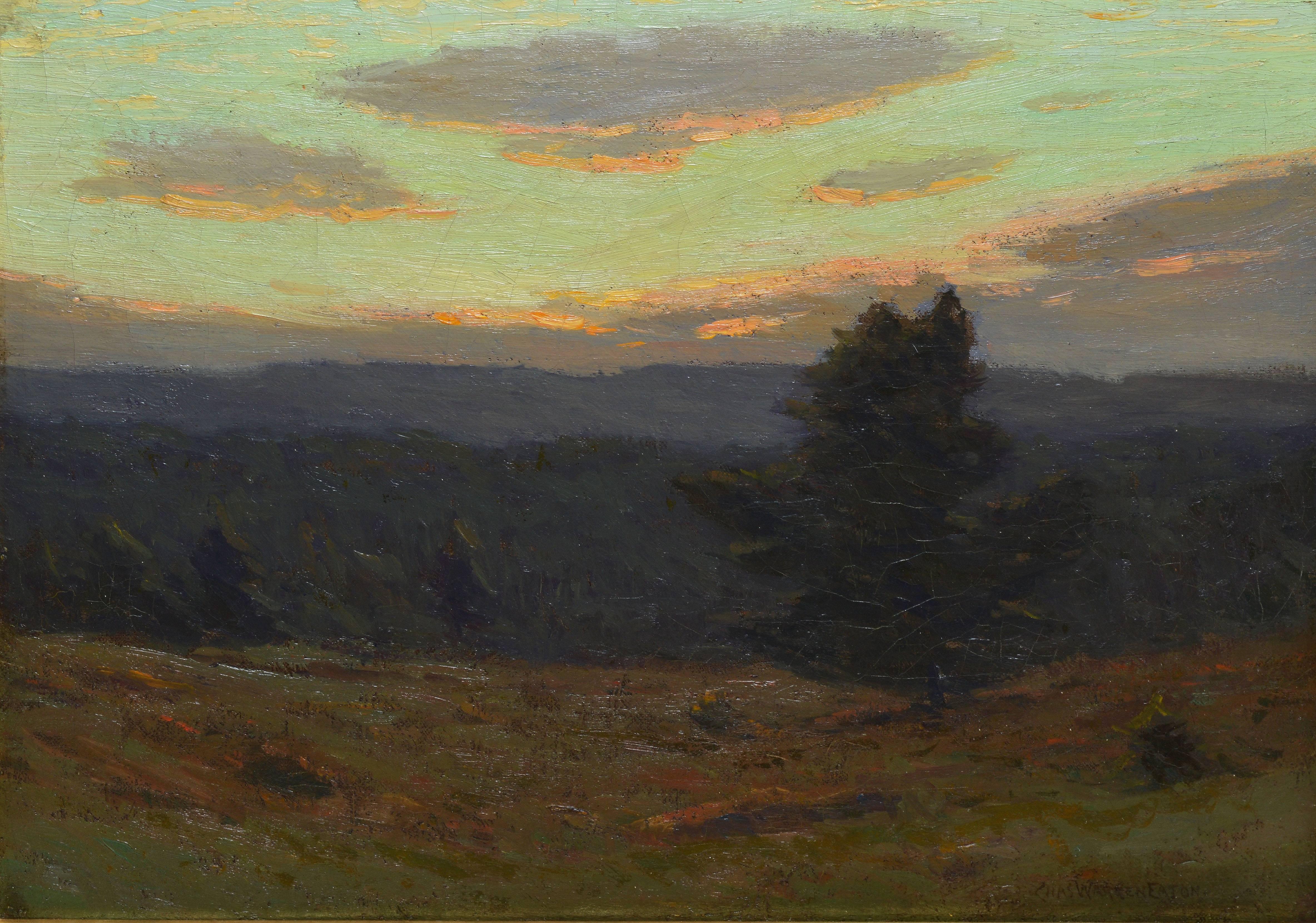 Impressionist sunset landscape by Charles Warren Eaton  (1857 - 1937).  Oil on canvas, circa 1900.  Signed lower right.  Displayed in a giltwood frame.  Image size, 16