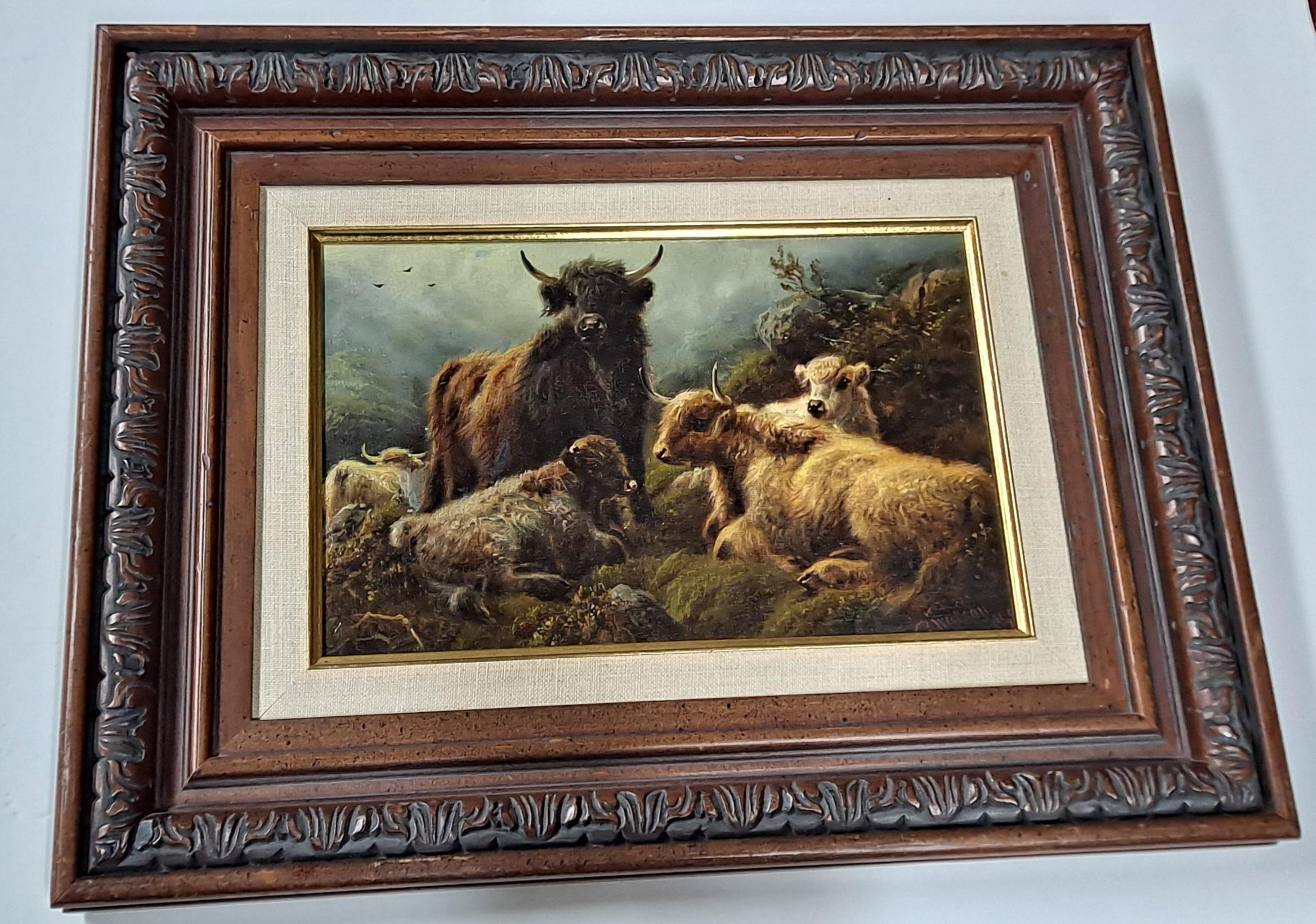 Charles A. Watson (Regno Unito, 1857-1923)  

Paesaggio degli altipiani con bestiame, splendidamente realizzato
Olio su tela montato su masonite
Firmato e datato in basso a destra; 1900

Pittura: 7 3/4" x 11 3/4"
Cornice: 14" x 18"