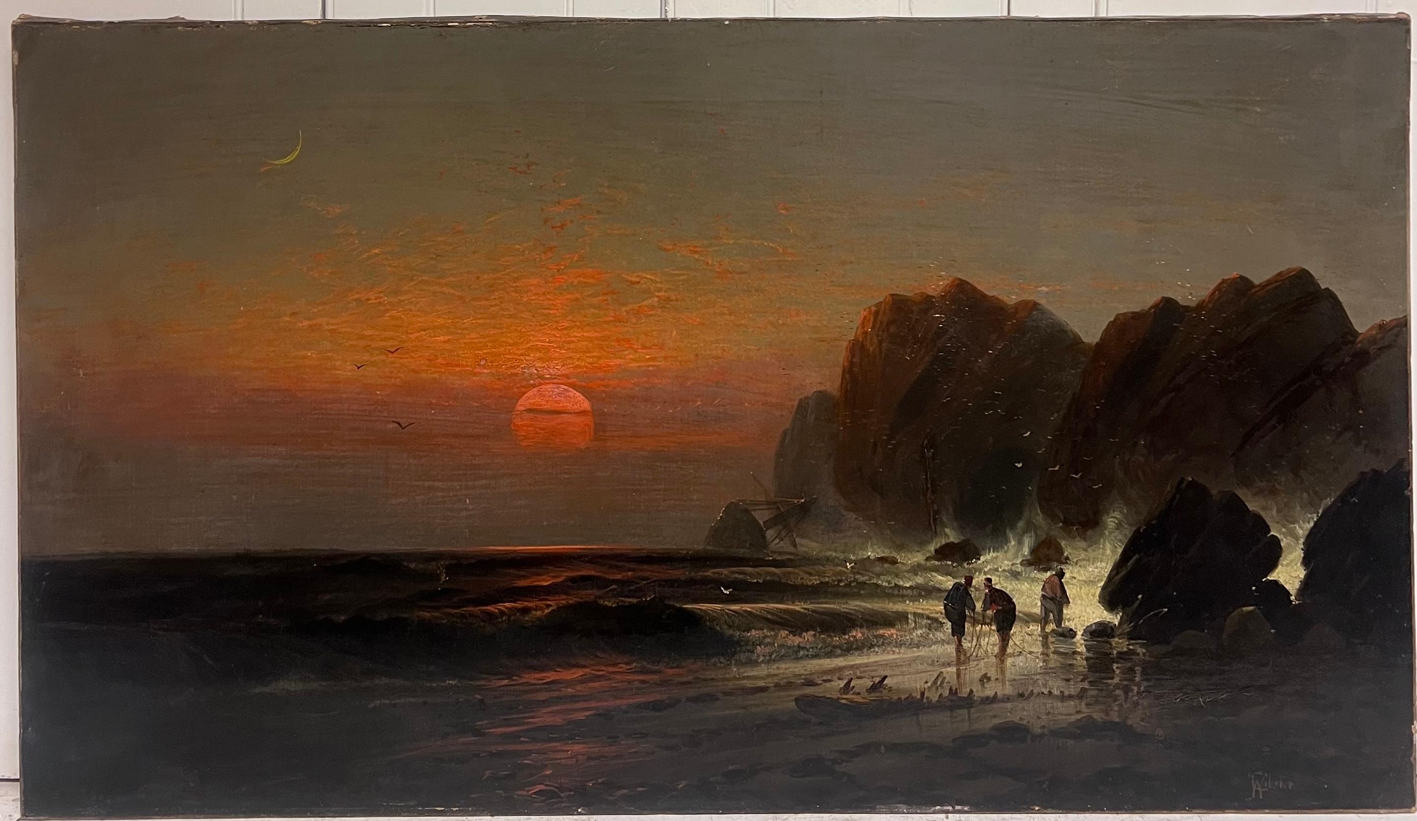 Feine sehr große 19. Jahrhundert Englisch Marine Ölgemälde Wreckers Sunset Coast – Painting von Charles Webster