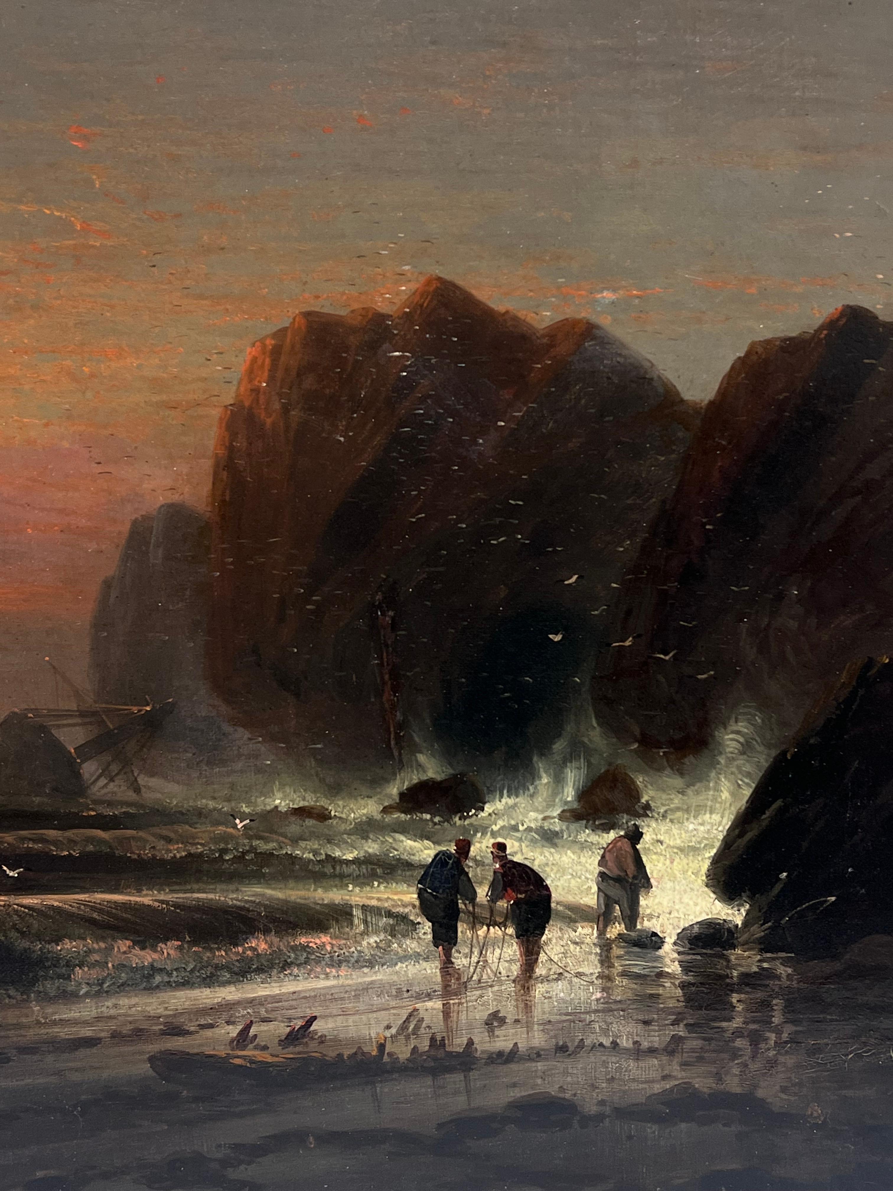 Feine sehr große 19. Jahrhundert Englisch Marine Ölgemälde Wreckers Sunset Coast im Angebot 1