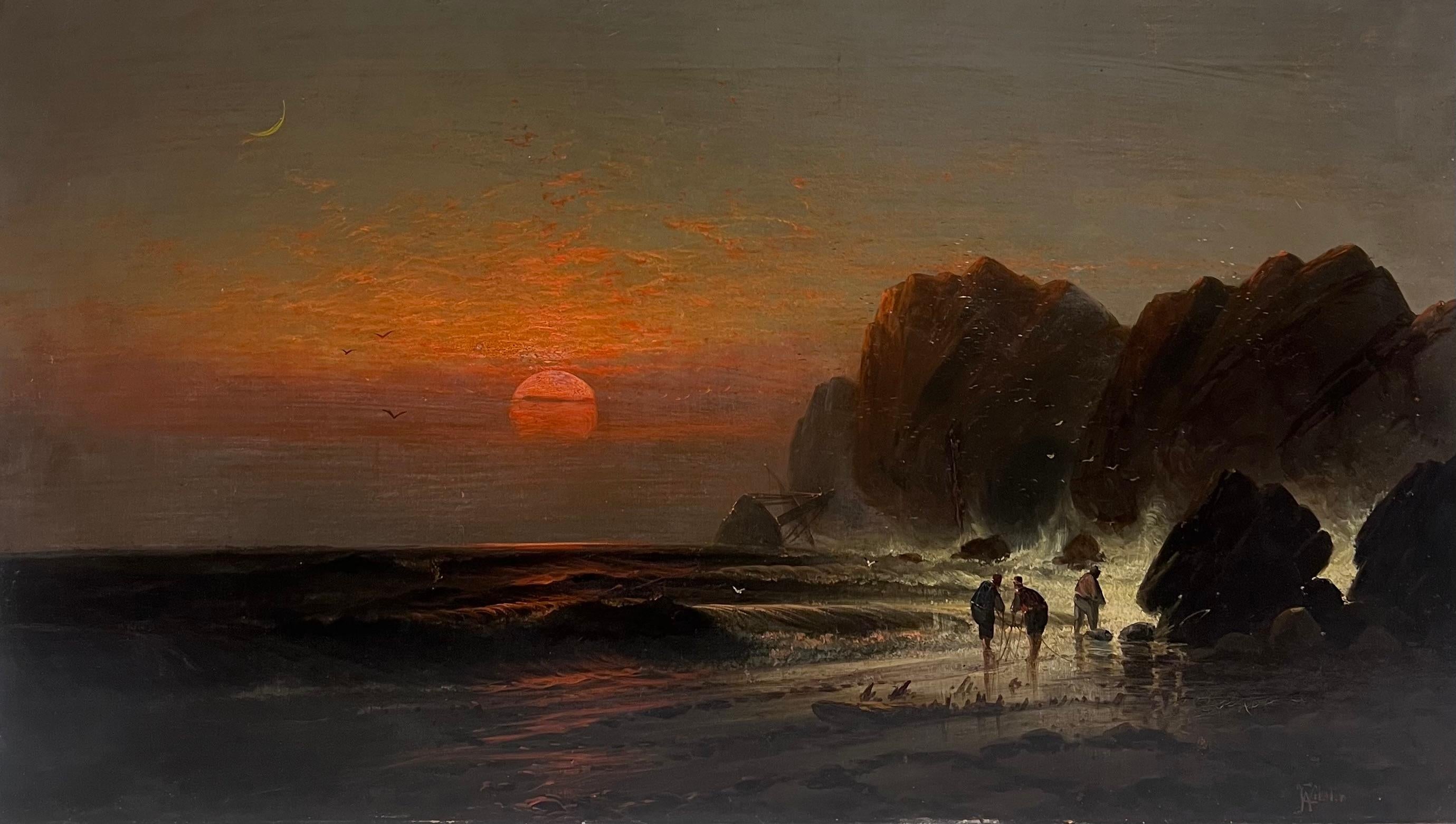 Fine Very Large 19th Century English Marine Oil Painting Wreckers Sunset Coast