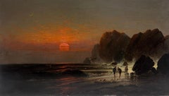 Fine Very Large 19th Century English Marine Oil Painting Wreckers Sunset Coast