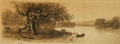 Antique Engraving Oak tree on the River 1897