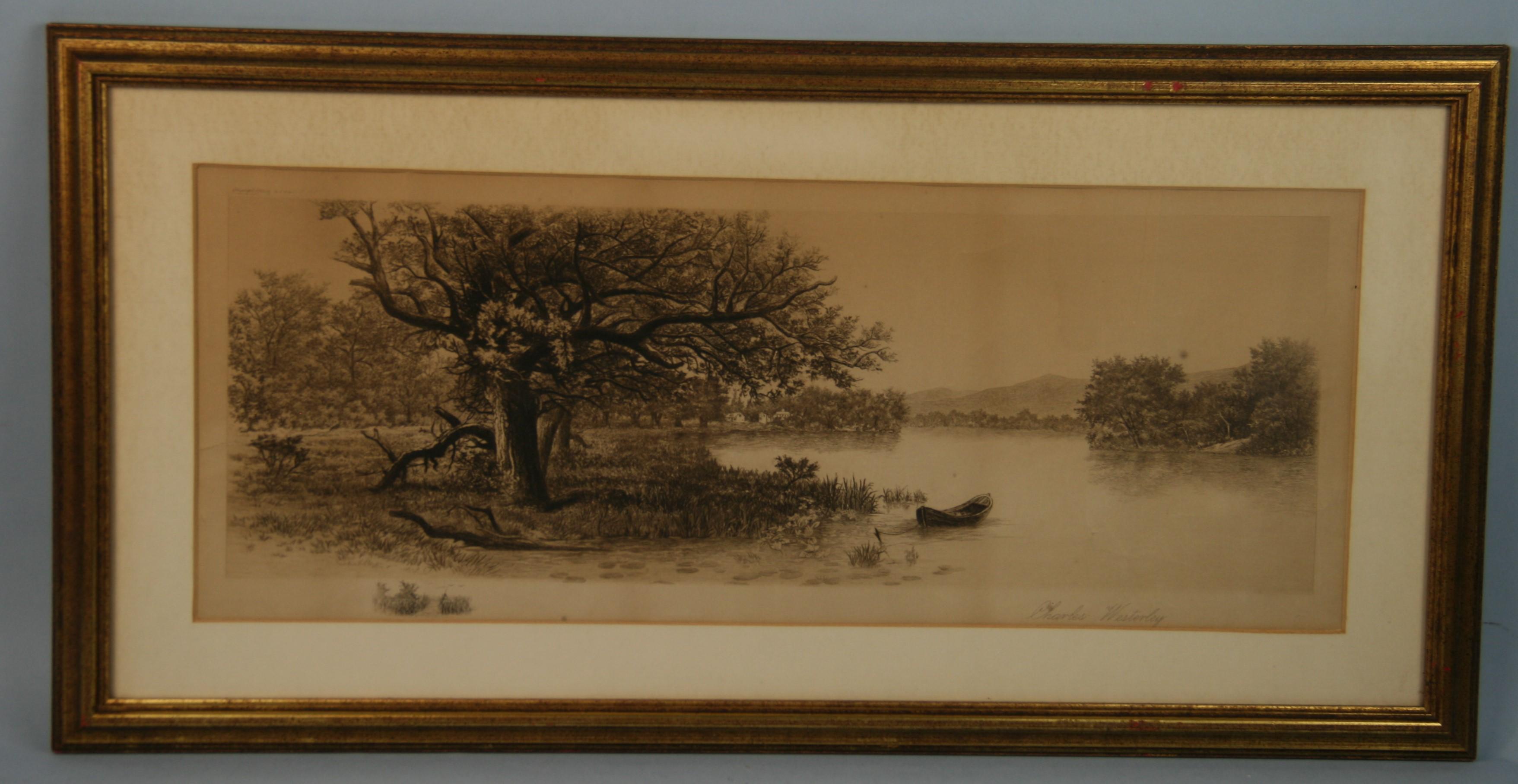 Charles Westerly Landscape Print - Antique Hudson River Engraving Oak Tree on the River 1897