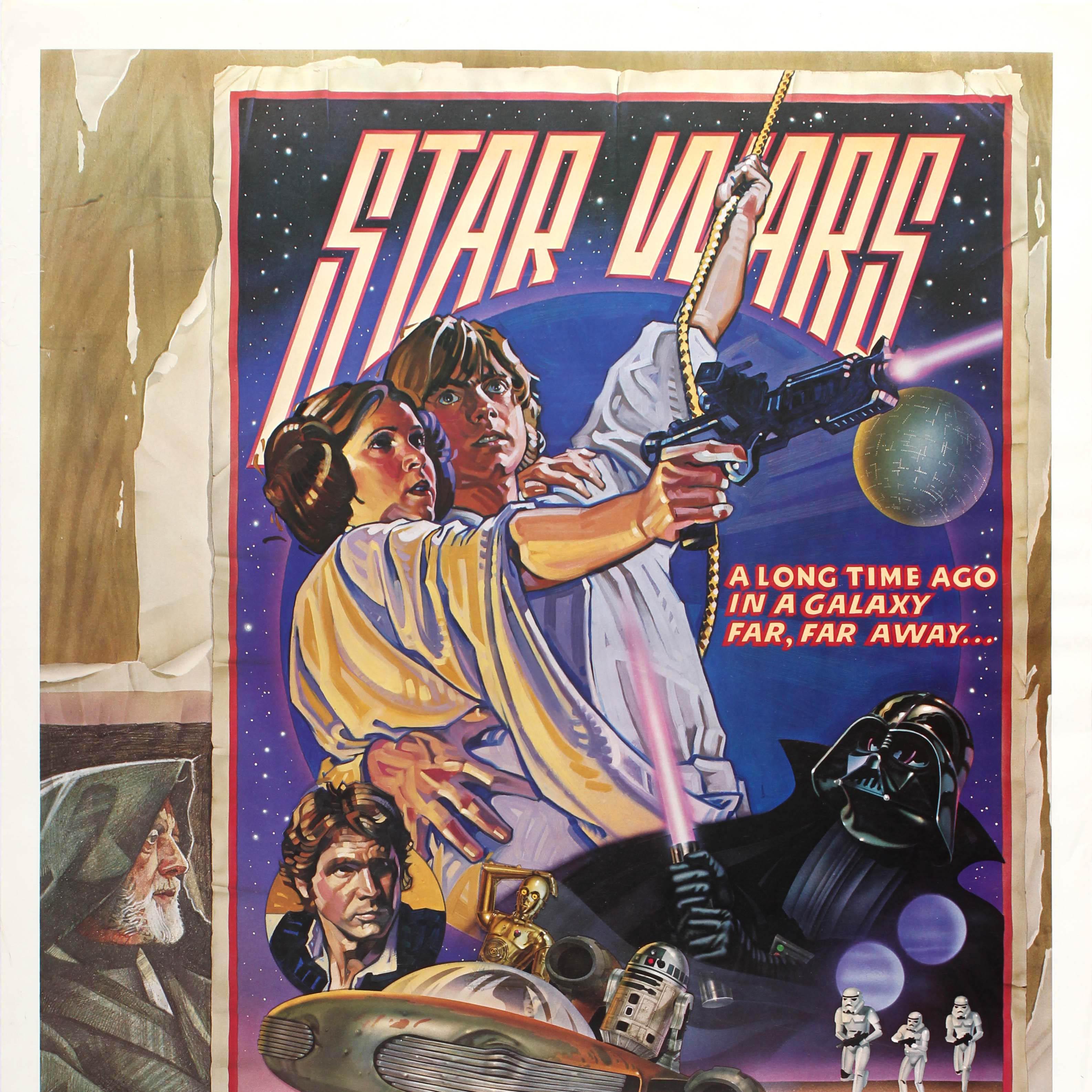 Original vintage movie poster for the classic film directed by George Lucas - Star Wars: Episode IV A New Hope - starring Mark Hamill as Luke Skywalker, Harrison Ford as Han Solo, Peter Mayhew as Chewbacca, Carrie Fisher as Princess Leia, Alec