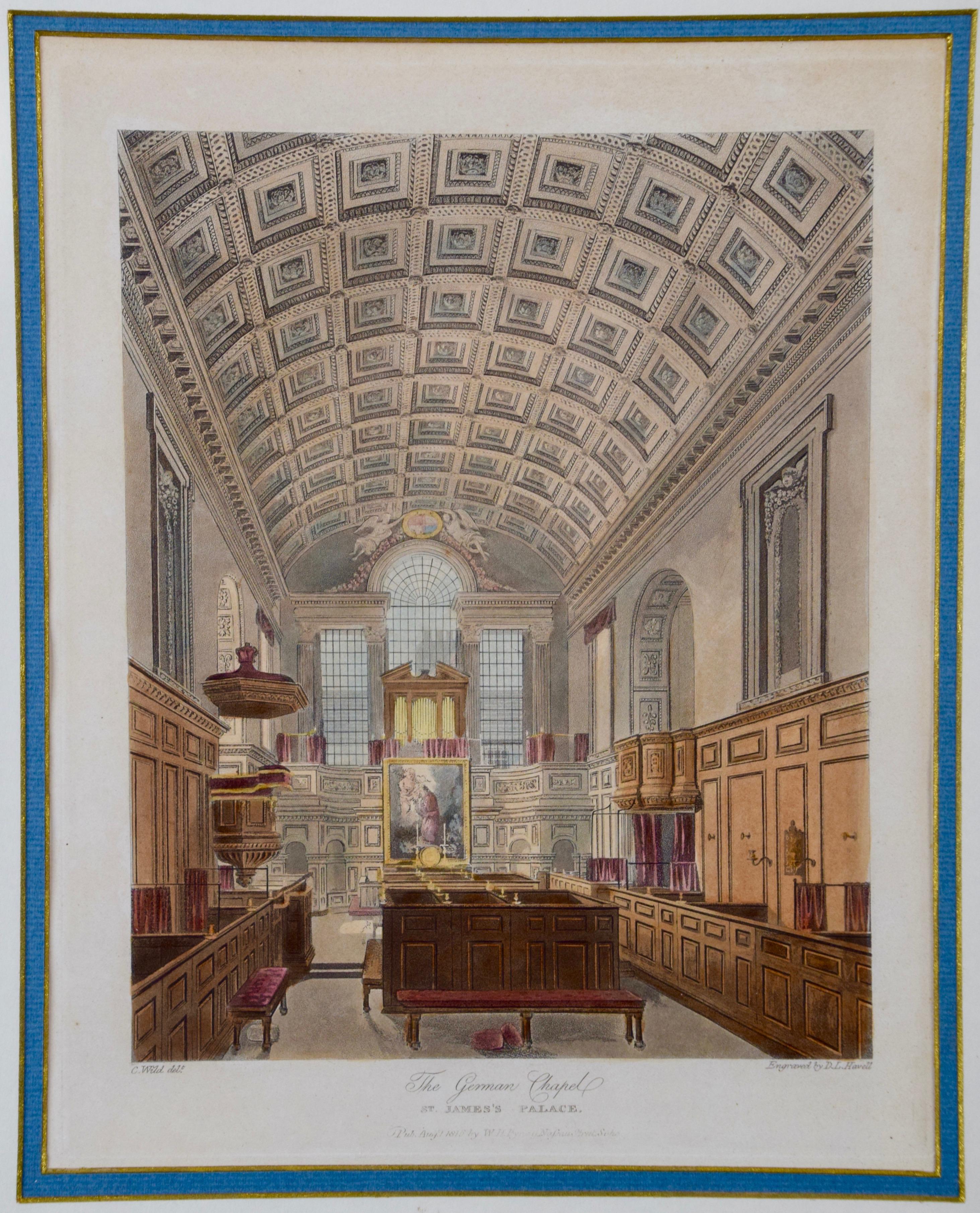 The German Chapel in St. James Palace, A 19th Century Hand Colored Engraving   - Print by Charles Wild