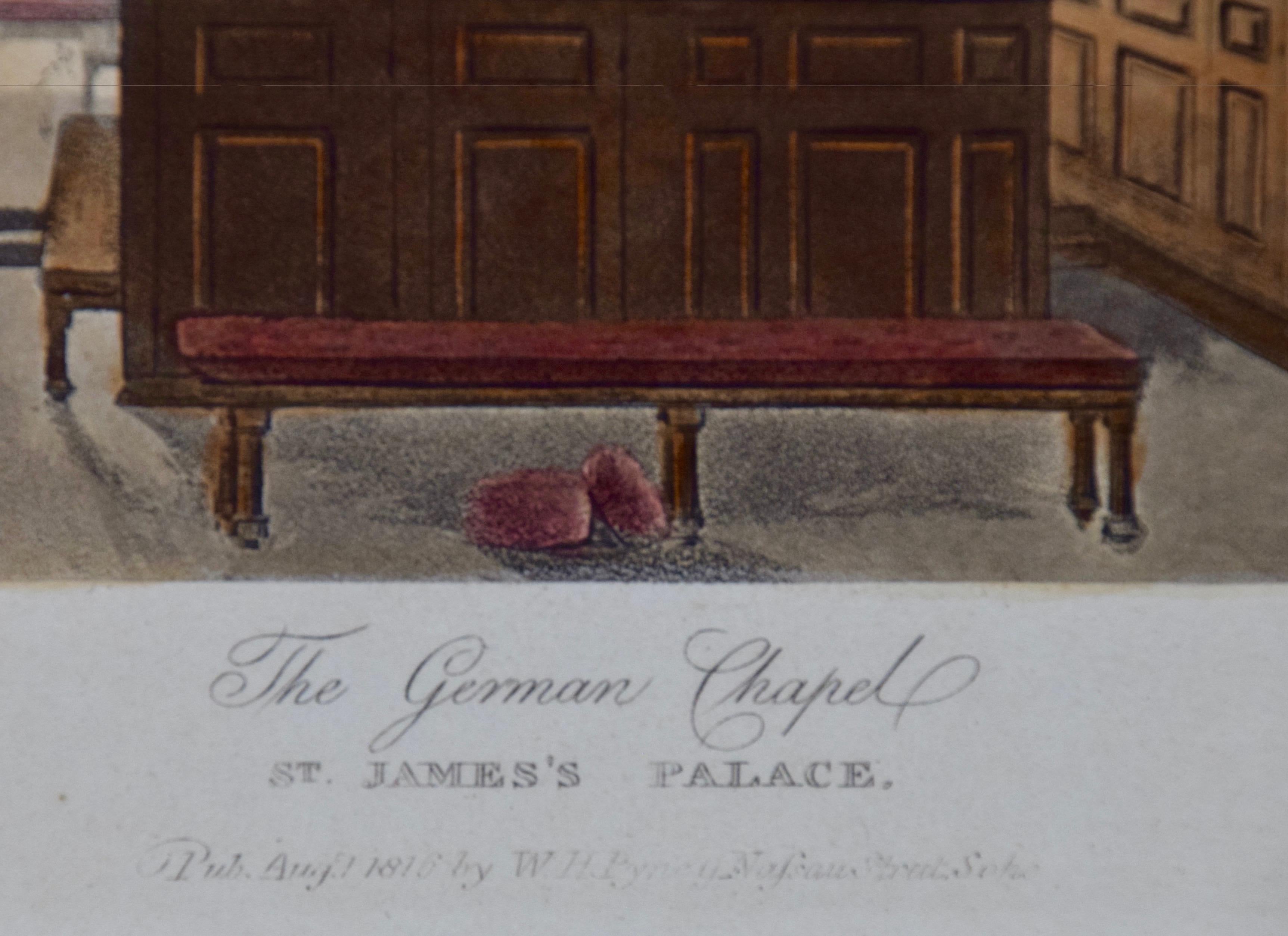 Gravure coloriée à la main de l'intérieur de la chapelle allemande du palais Saint-James à Londres, Angleterre, tirée de 