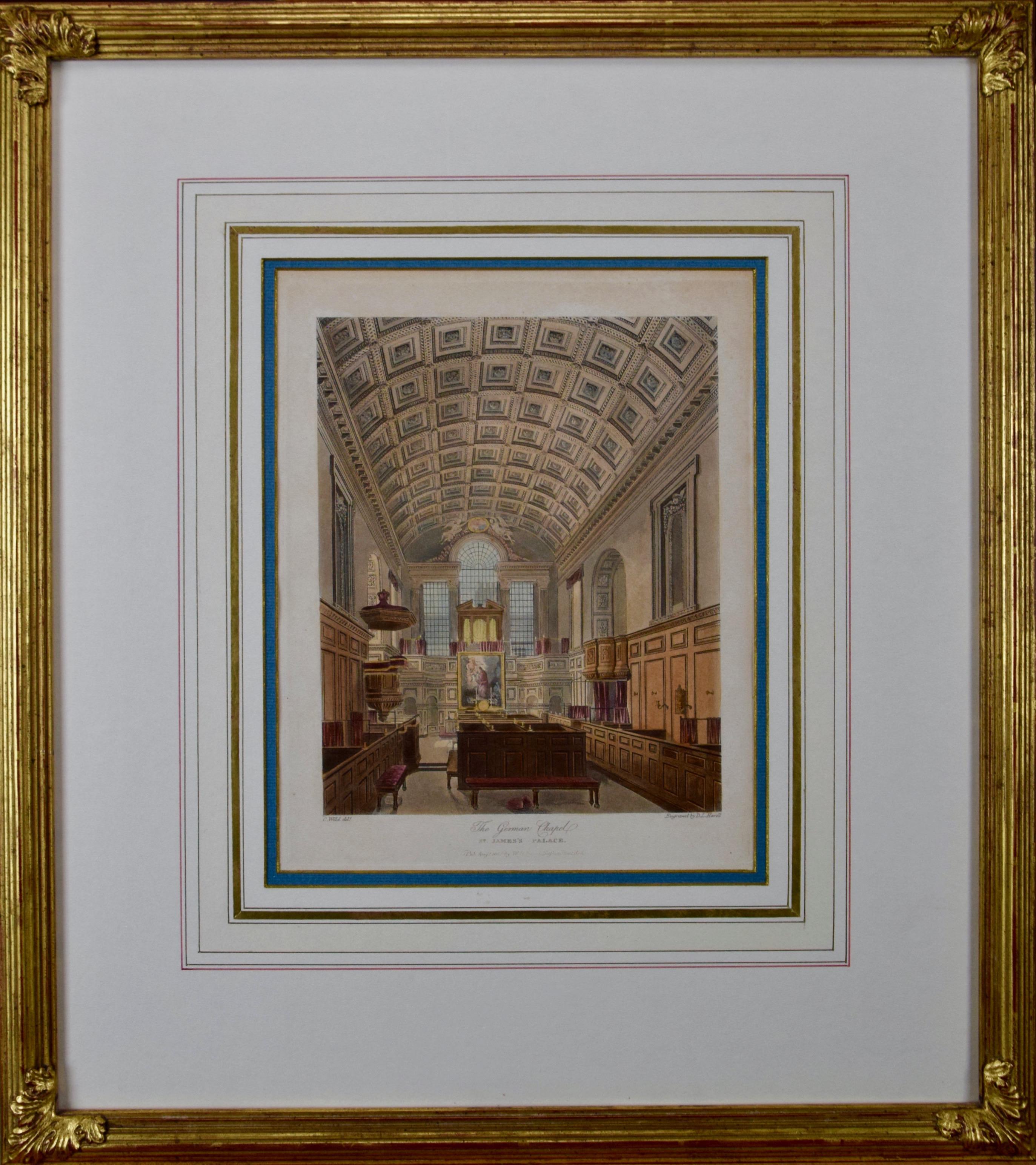 Charles Wild Print - The German Chapel in St. James Palace, A 19th Century Hand Colored Engraving  