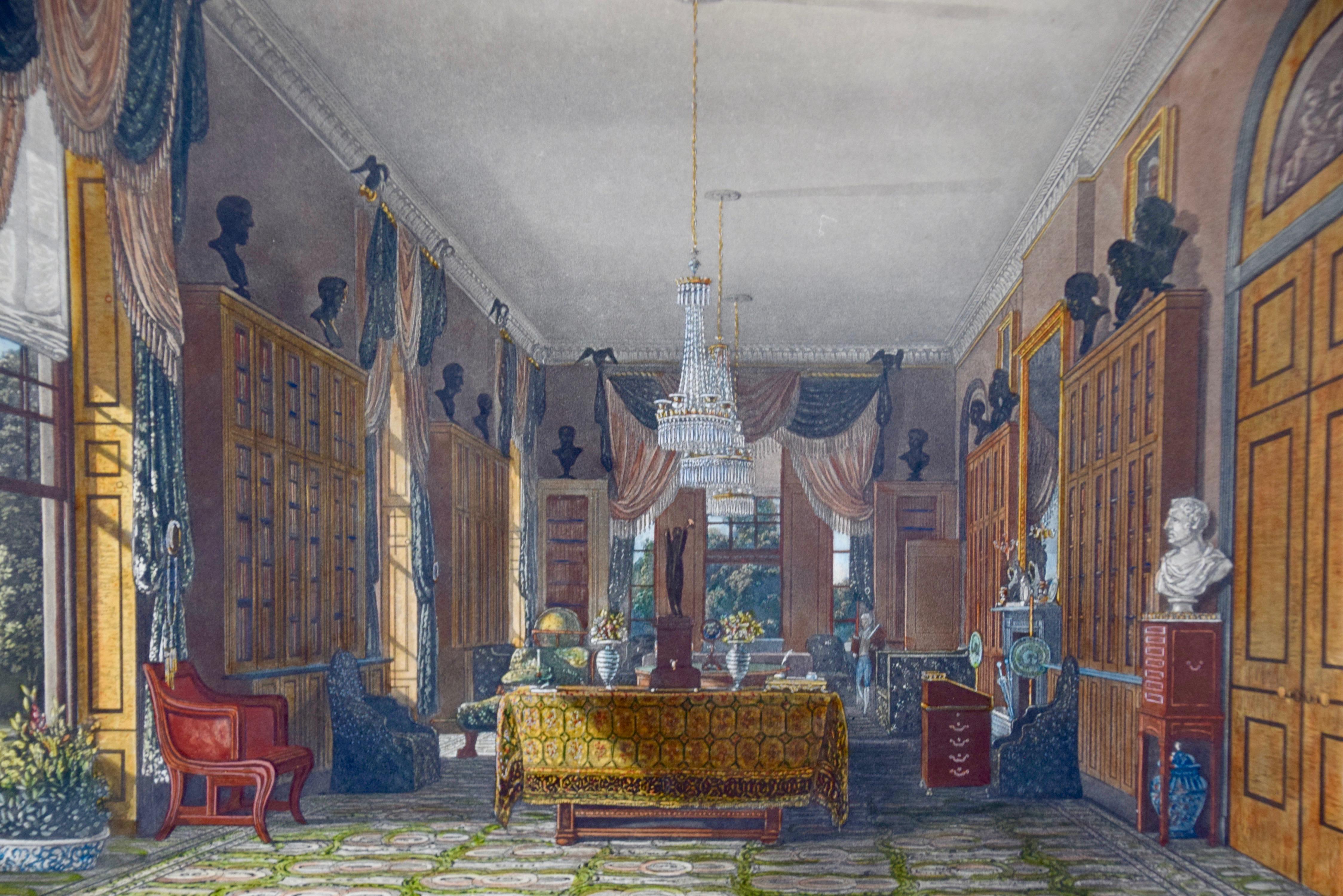 Four hand colored etchings and aquatints depicting interiors within English royal residences, including 