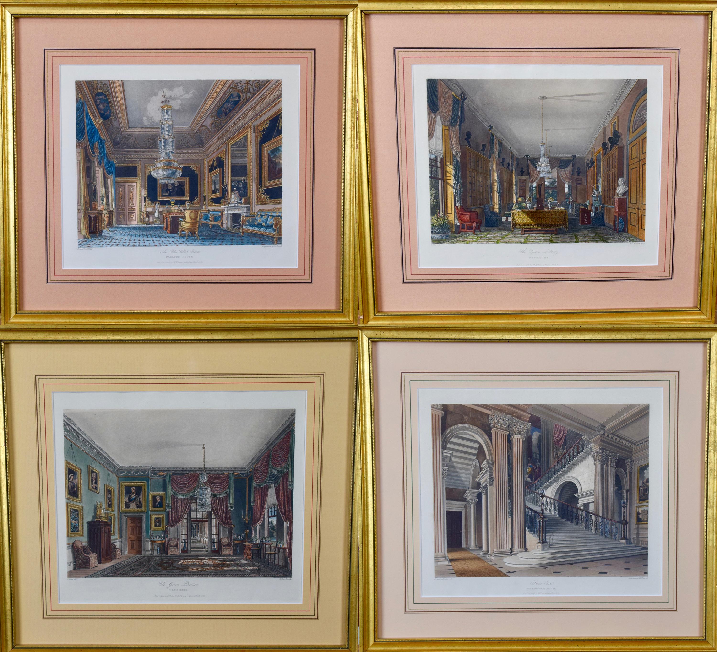 Charles Wild Interior Print - Four 19th Century Hand Colored Engravings Depicting English Royal Residences