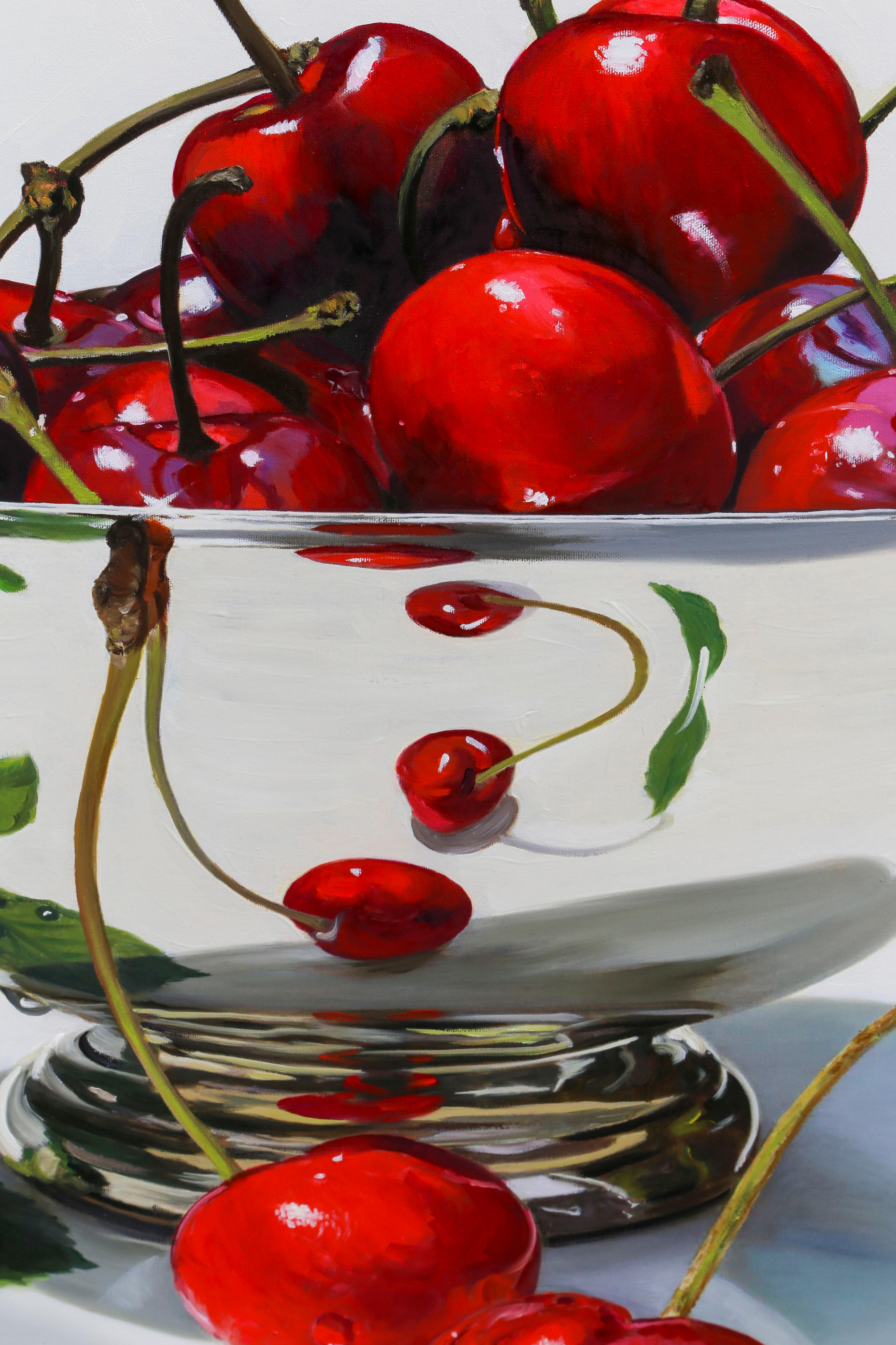 Bowl of Cherries, Photorealist Acrylic Painting by Charles Wildbank For Sale 1