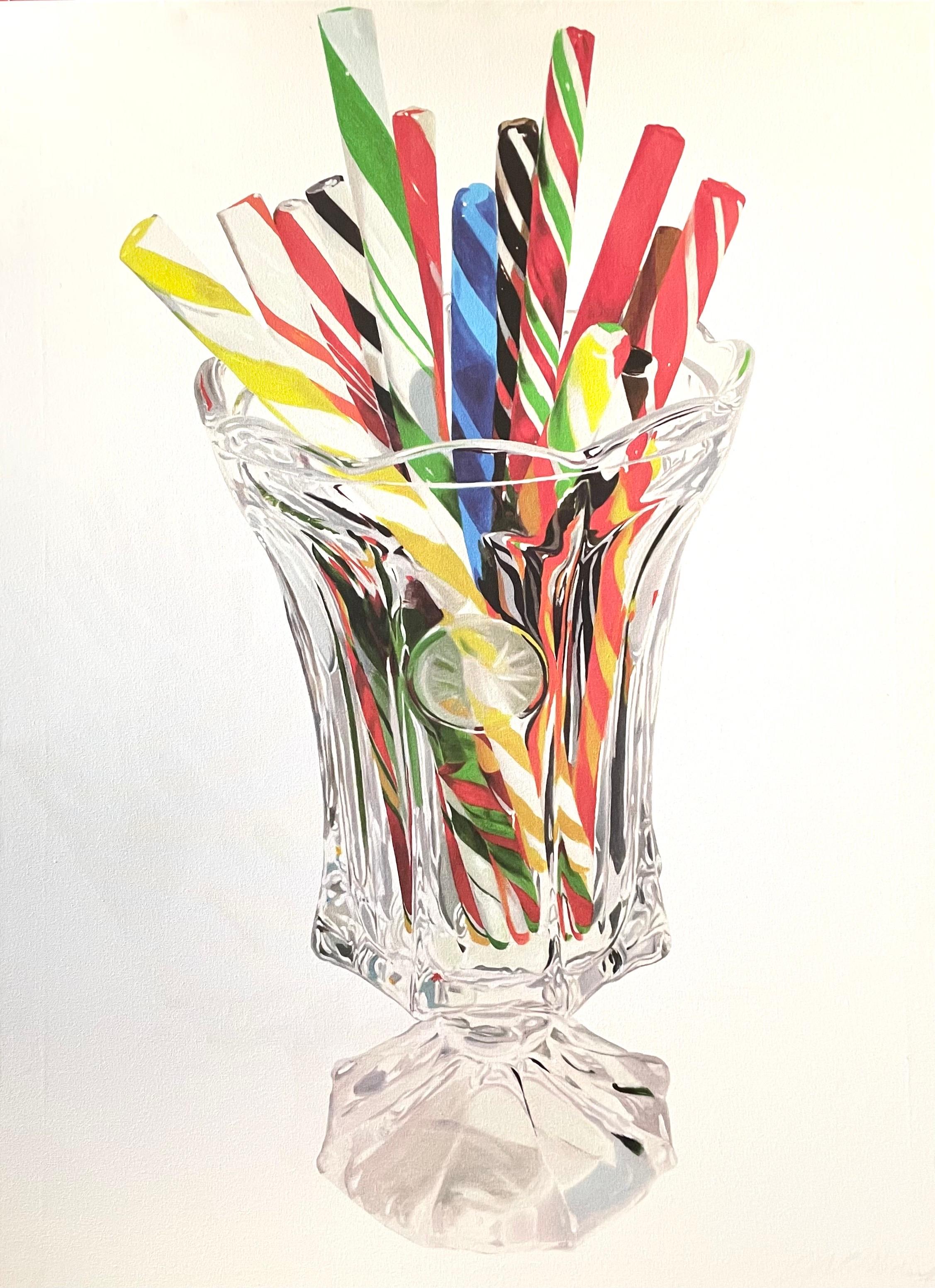 Grande nature morte photoréaliste - Peinture acrylique - Boîtes à bonbons dans un vase - Photoréaliste