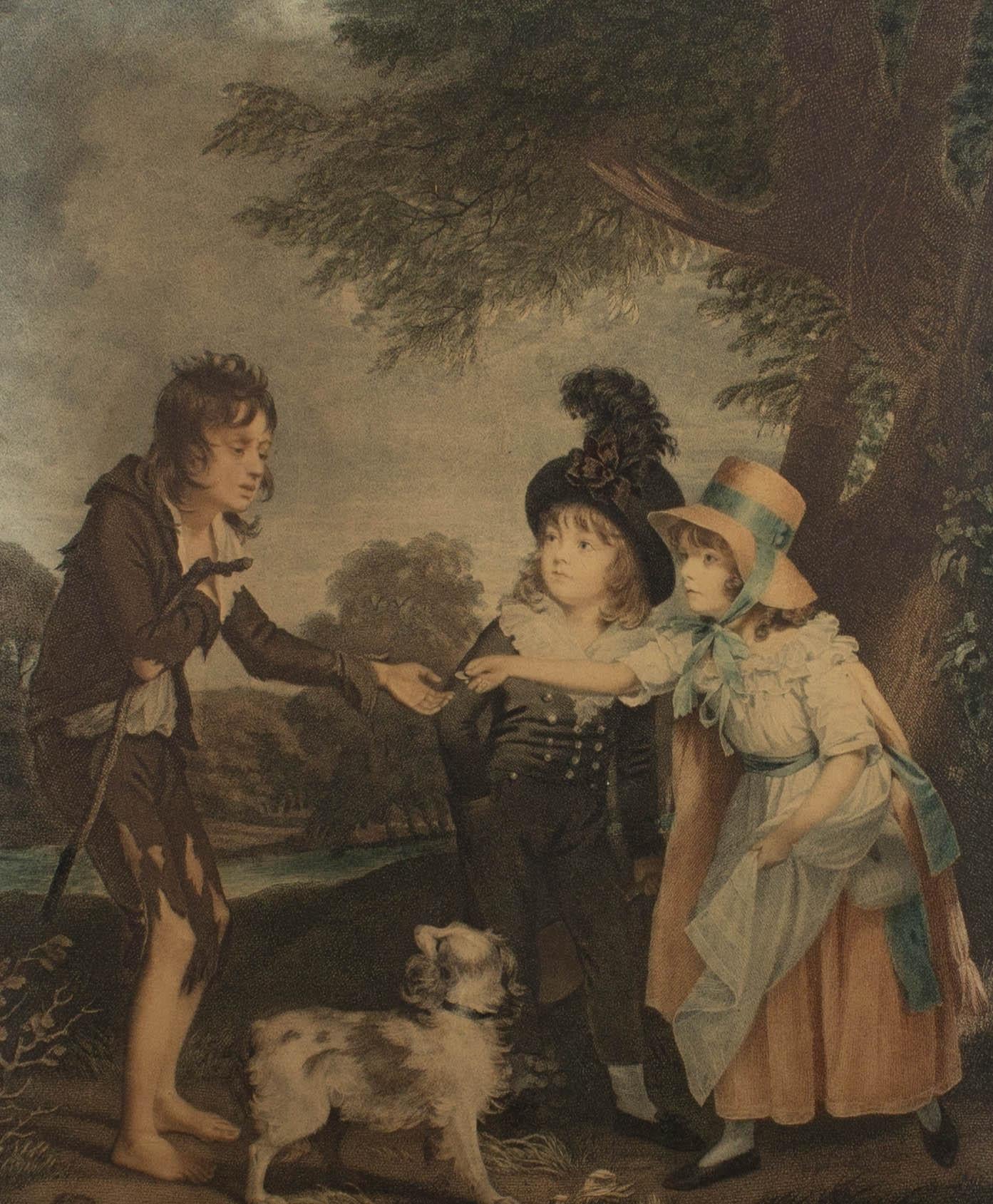 Wilkin after Beechey - 1796 Stipple Engraving, Children Relieving a Beggar Boy - Print by Charles Wilkin