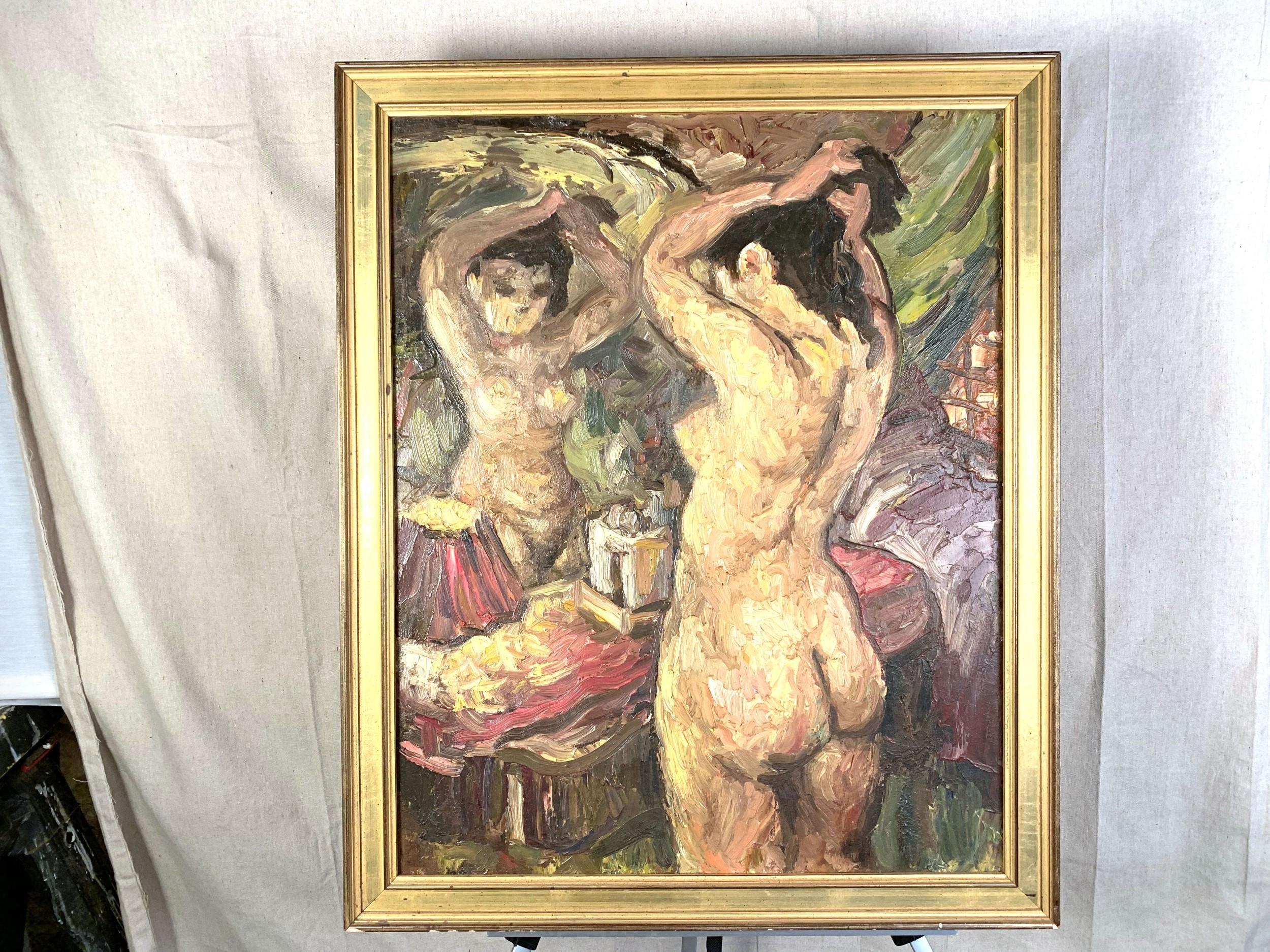 Oil on artist board of a nude at a mirror, by Charles Willette (1899-1979). Unsigned. Dimensions: Frame- 27.5