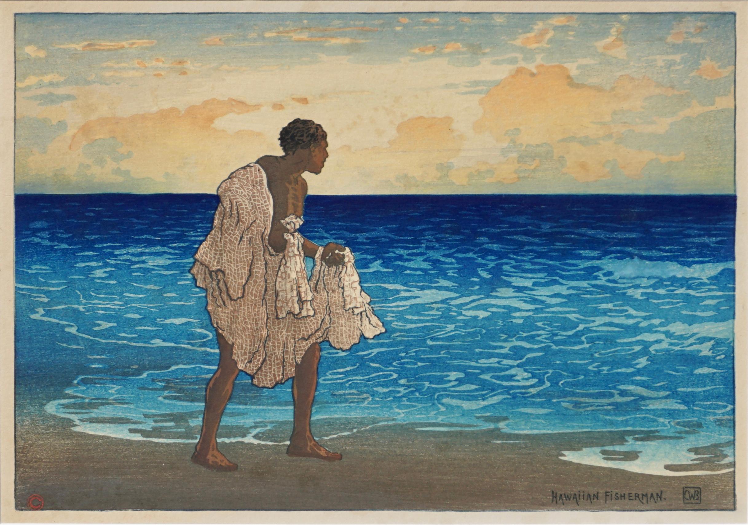 Hawaiian fisherman by Charles William Bartlett, 1919
Color woodcut block print on wove paper.
Beautiful Art Nouveau - Art Deco Hawaiian decor with vibrant colors. 

Measures: Print 15 x 11 Inches 
Framed 21.75 x 17.75 Inches

Signed red