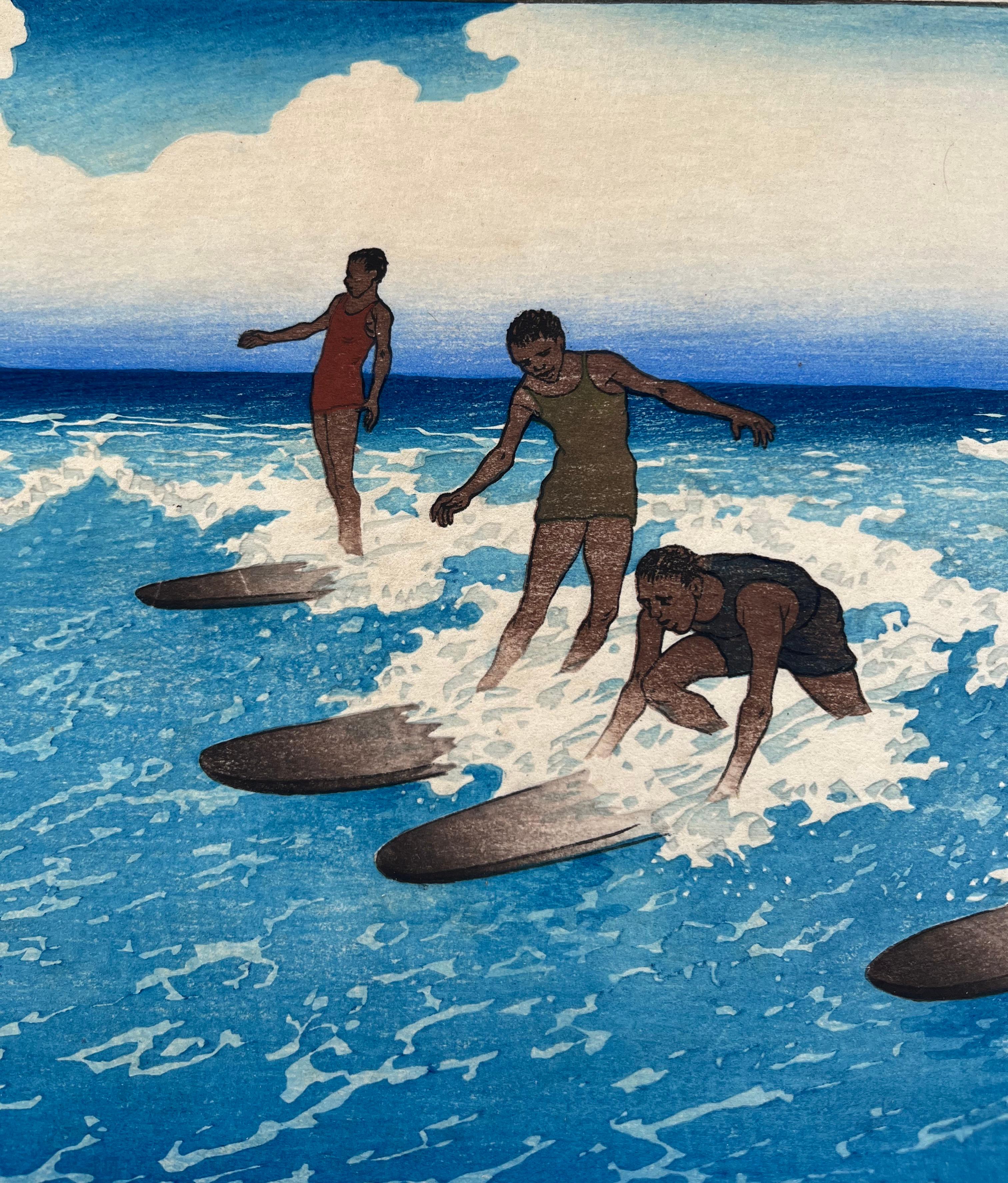 Surf Riders, Honolulu - Figurative Print Azul de Charles William Bartlett