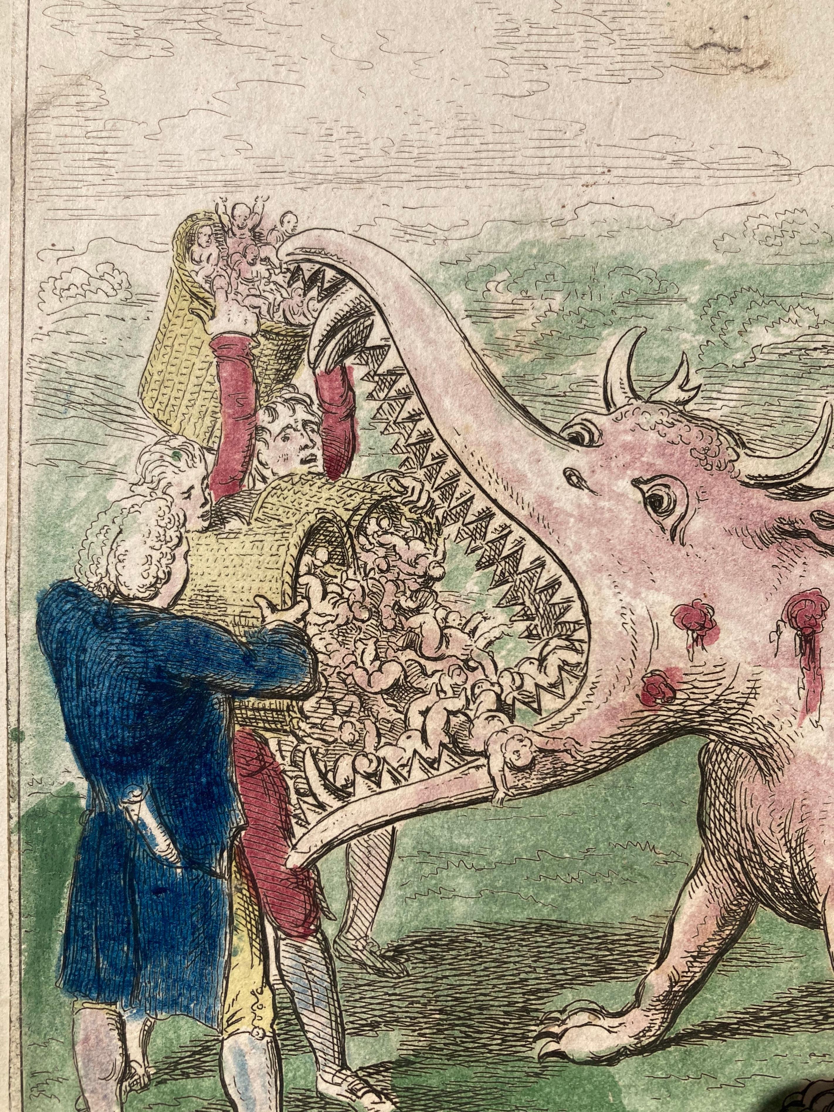 CHARLES WILLIAM (1797- 1830) 

VACCINATION, c. 1802 (BM/DG vol. VIII, London 1947, no. 9925)
Etching with probably later coloring. F.L. Smyth Stuart Esq. 63 Fleet Street.
Sheet 7 ½ x 9 ¼. trimmed within the platemark and just below the publication