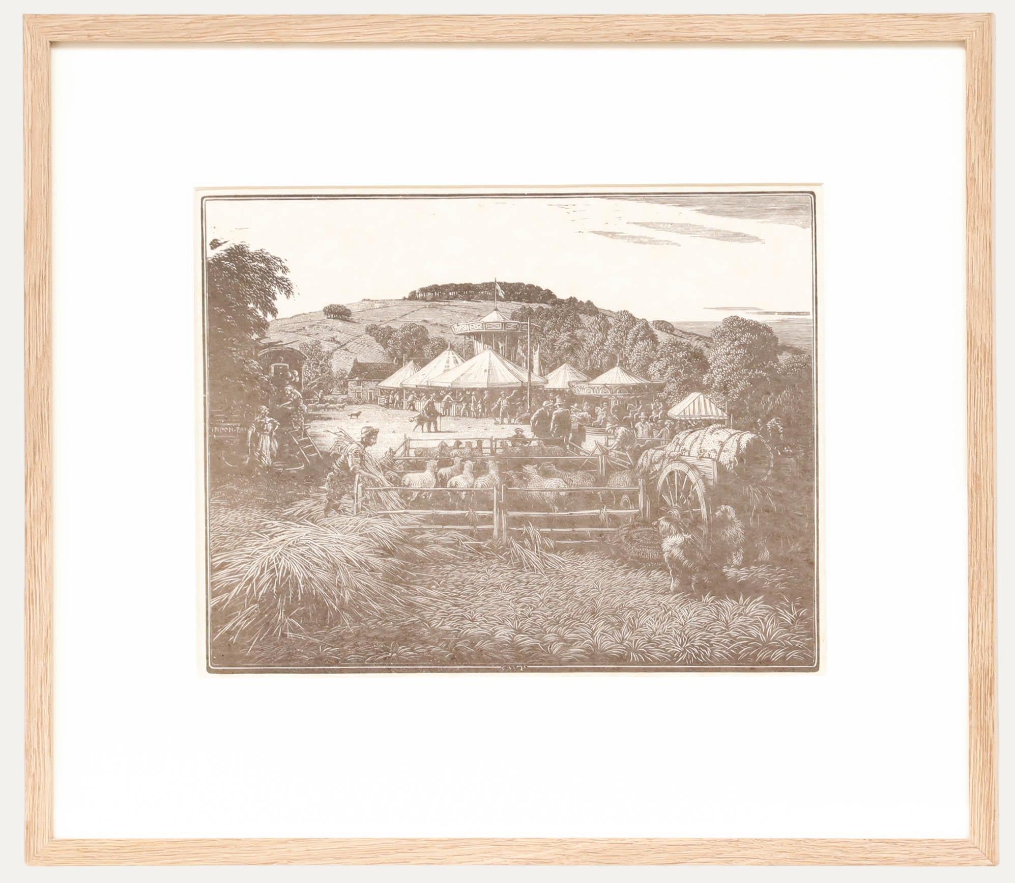 A charming rural scene by the British artist Charles William Taylor. A sheepdog watches over the penned flock in the foreground, with the lively fair beyond. Inscribed with the artist's initials within the plate to the lower centre. Well presented
