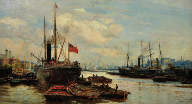 The Upper Pool of London. River Thames. Maritime Marine Oil Painting. Wyllie. - Brown Landscape Painting by Charles William Wyllie