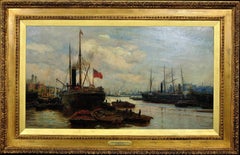 Antique The Upper Pool of London. River Thames. Maritime Marine Oil Painting. Wyllie.