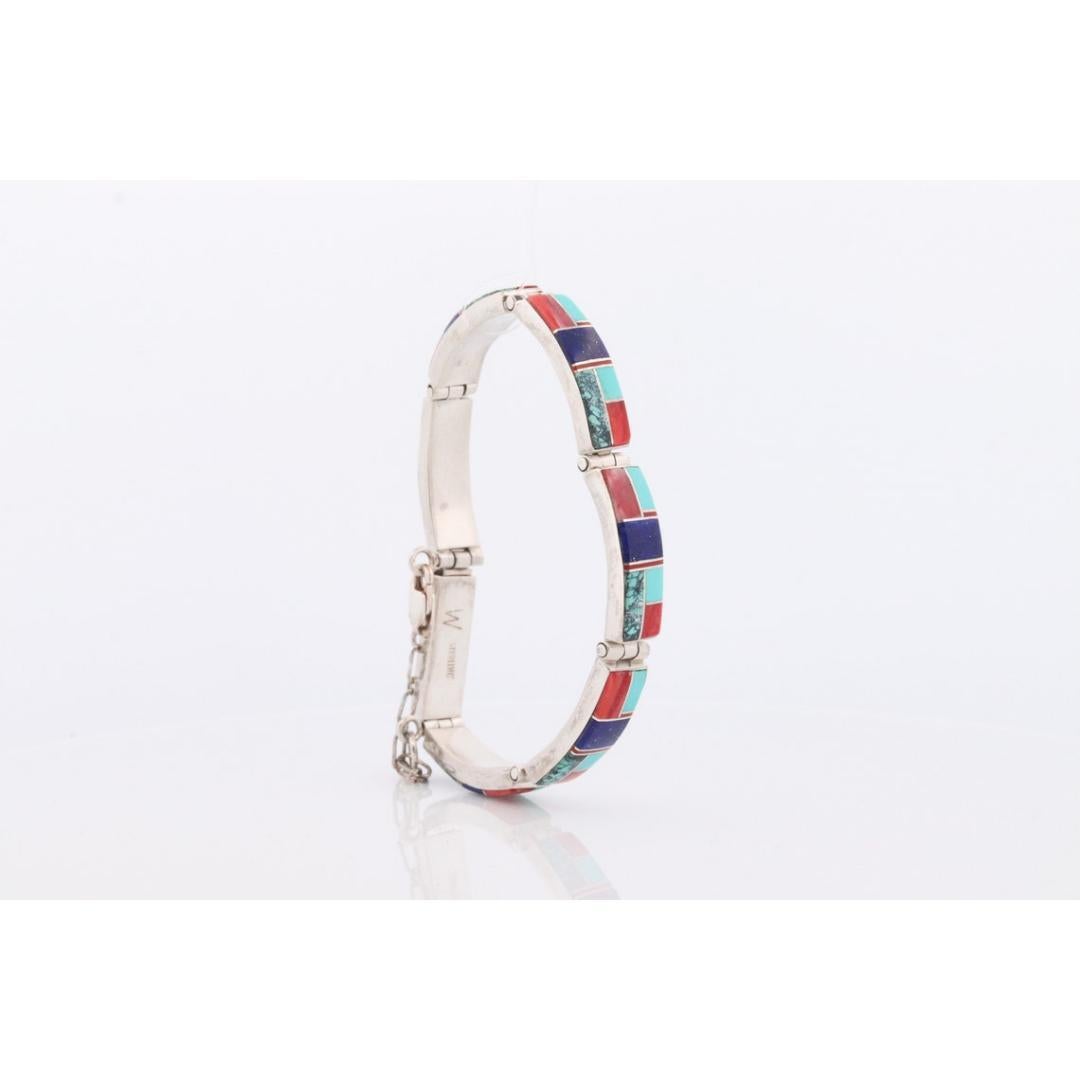 Charles Willie Navajo Sterling Silver Turquoise Bracelet. Lapis Turquoise Coral In Good Condition For Sale In Port Charlotte, FL
