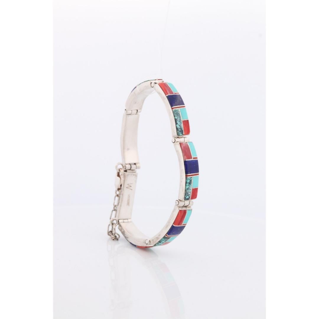 Women's or Men's Charles Willie Navajo Sterling Silver Turquoise Bracelet. Lapis Turquoise Coral For Sale