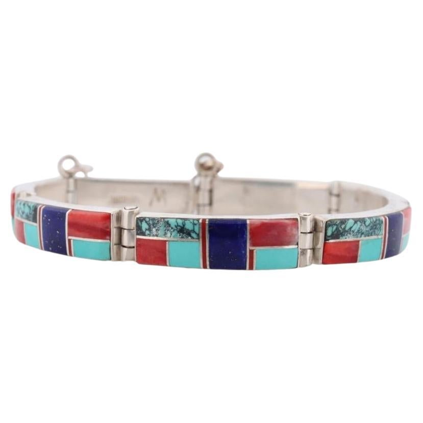 Charles Willie Navajo Sterling Silver Turquoise Bracelet. Lapis Turquoise Coral