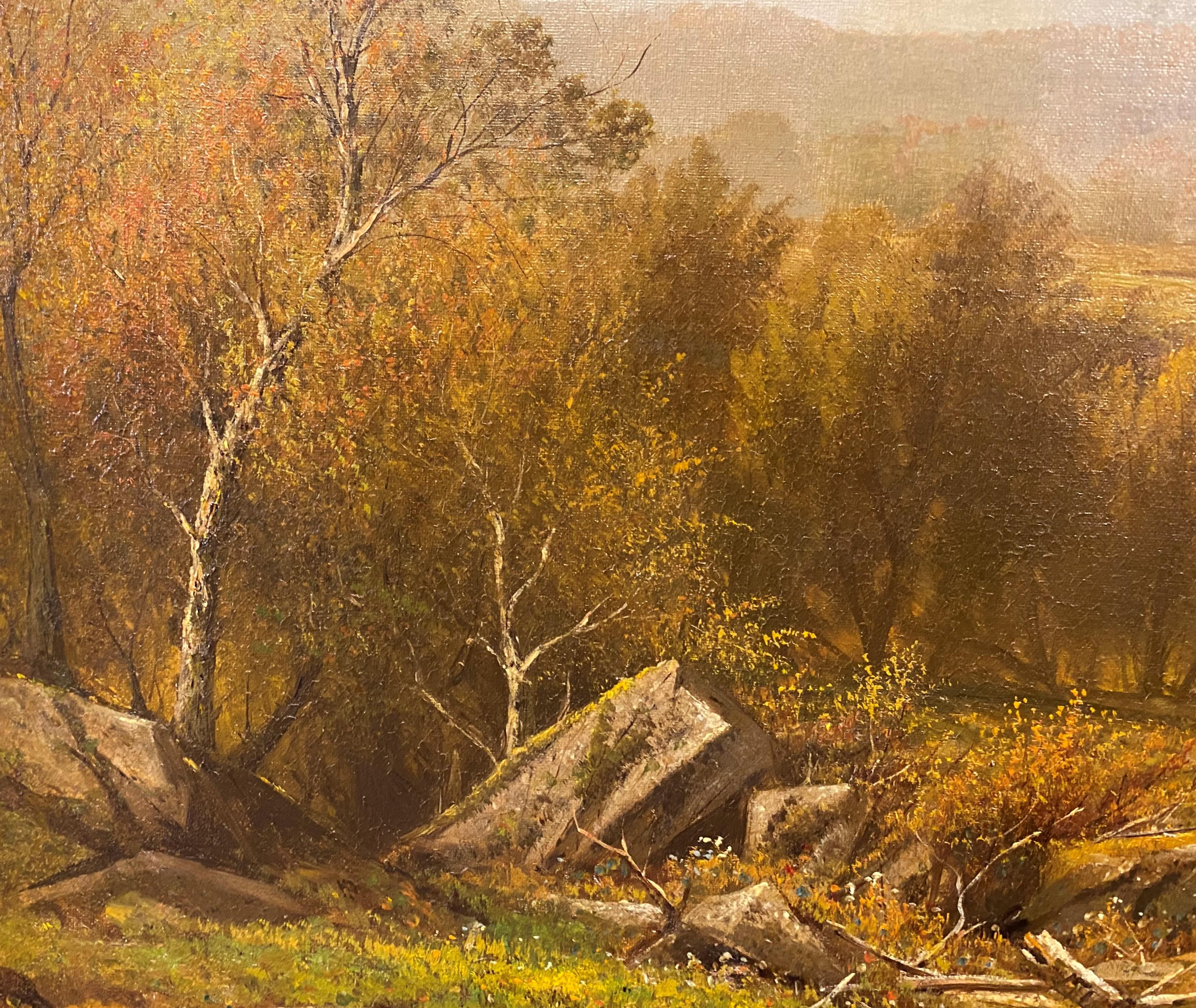 A fine valley river landscape with cows in the style of the Hudson River School by American artist Charles Wilson Knapp (1823-1900). Knapp was born in Philadelphia, where he lived most of his life, apart from two years he spent in New York.