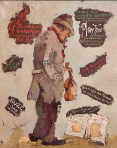 Charles Wilton, Busker in Paris, decorative painting. violin player.