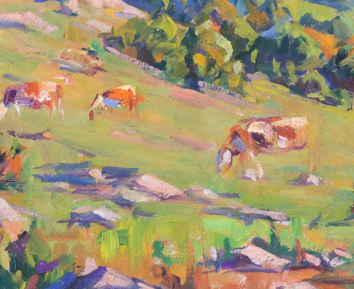 Peinture à l'huile post-impressionniste française représentant des vaches paissant en France-Comte, France - Post-impressionnisme Painting par Charles Wittmann