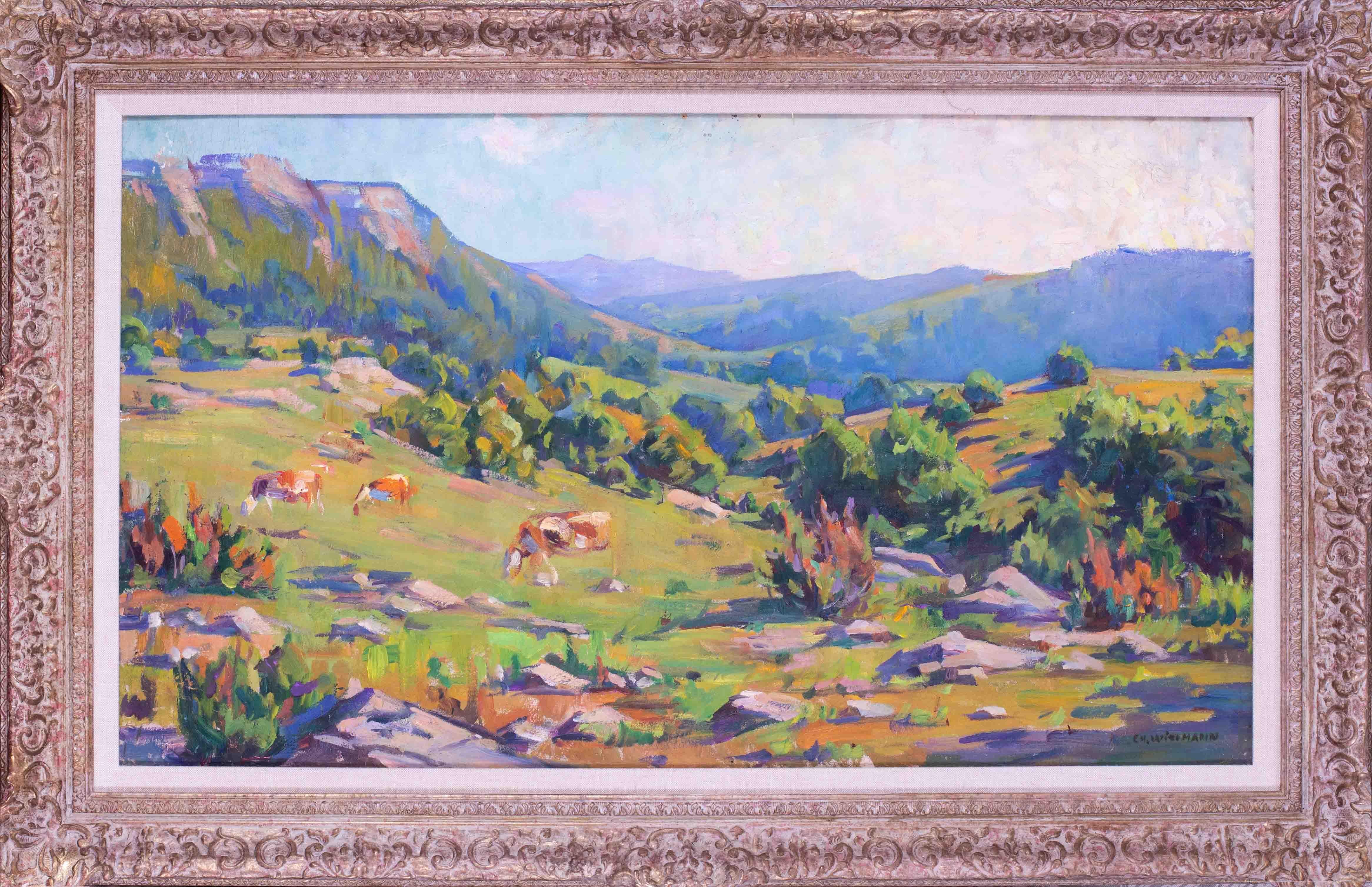 Animal Painting di Charles Wittmann - Quadro ad olio francese post impressionista di mucche al pascolo in Francia-Comte, Francia
