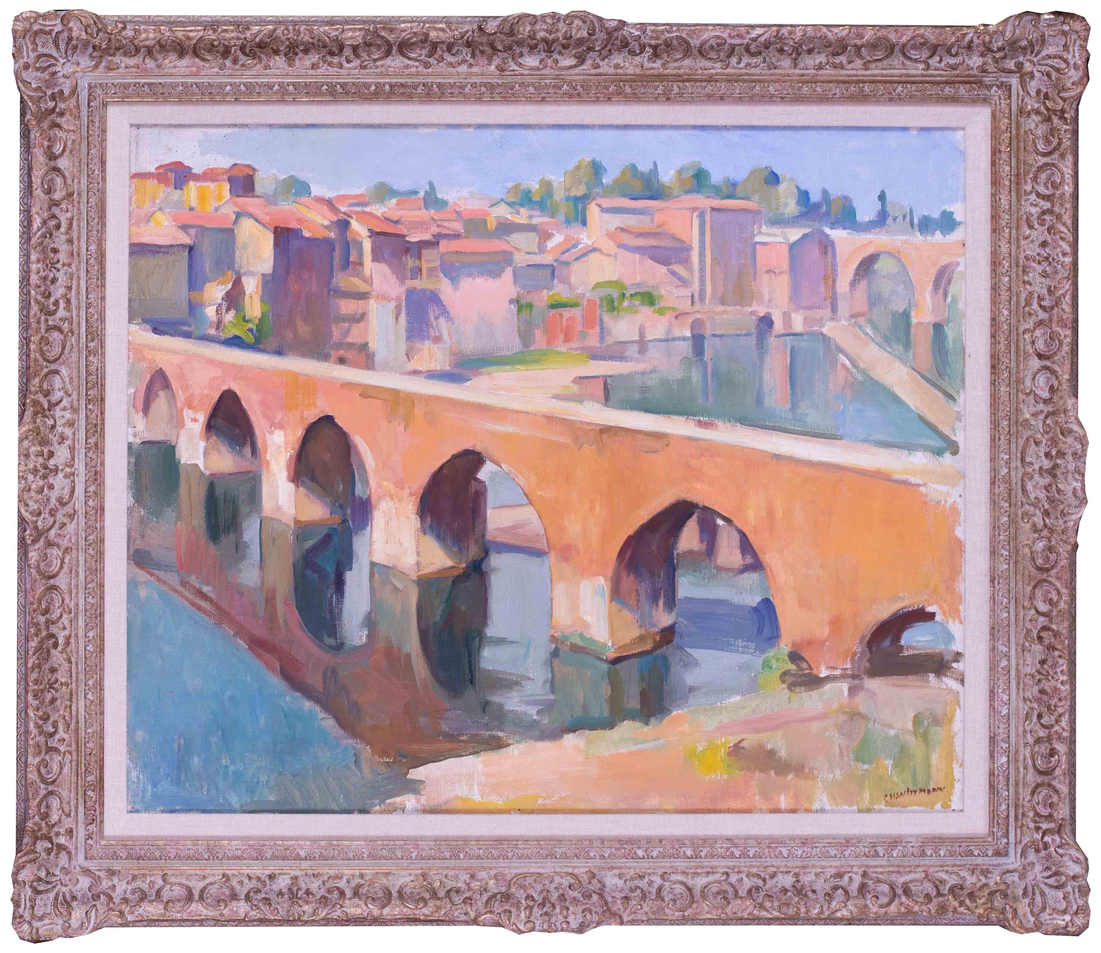 Landscape Painting Charles Wittmann - Peinture post-impressionniste française du pont d'Albi, France, par Wittmann