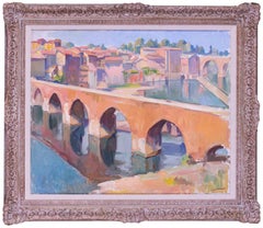 Vintage French Post Impressionist painting of the bridge at Albi, France by Wittmann