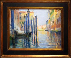 Dipinto a olio francese post impressionista raffigurante l'ingresso di un palazzo veneziano
