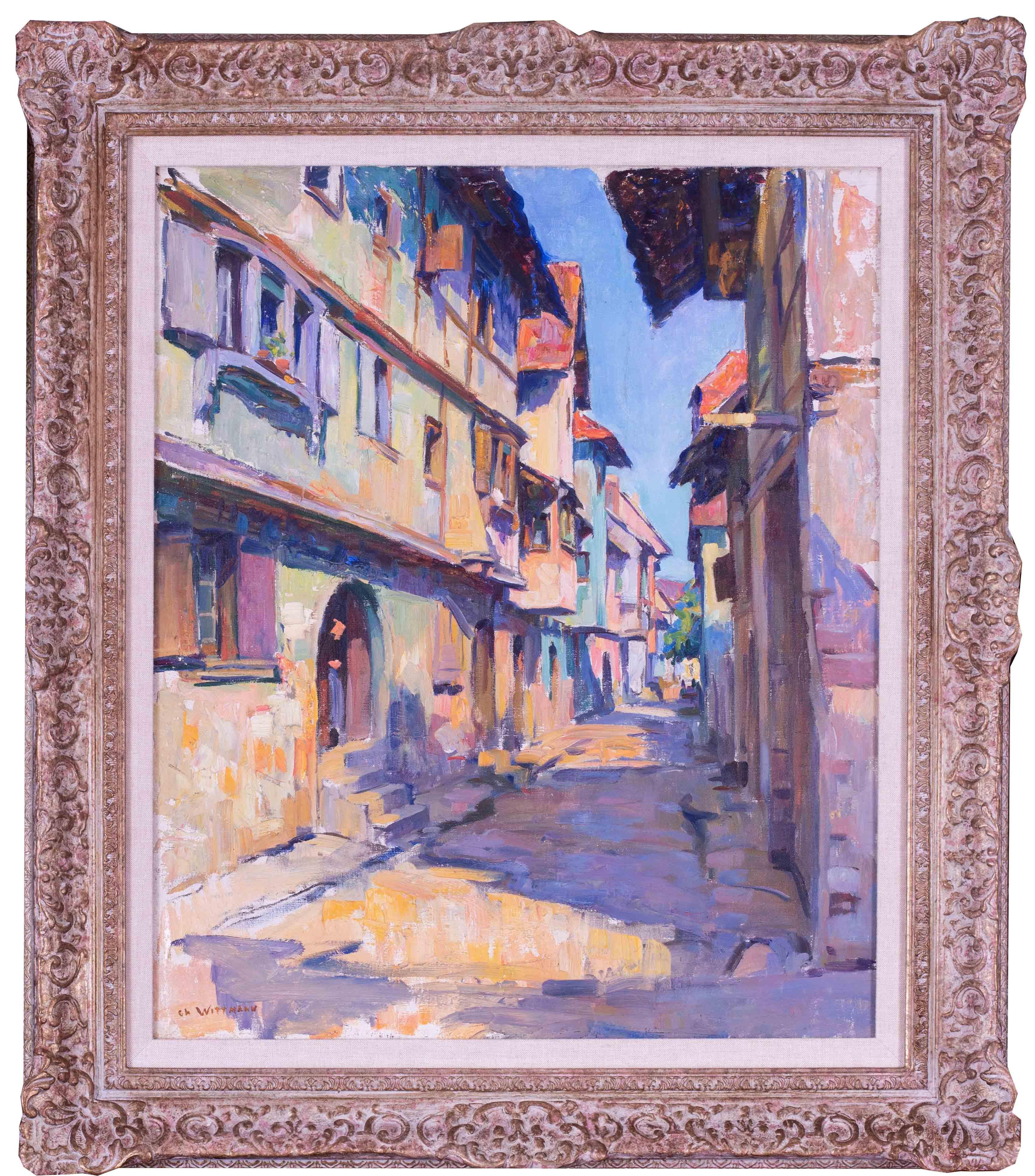 Landscape Painting Charles Wittmann - Peinture à l'huile post-impressionniste d'une scène de rue à Toul,  France 