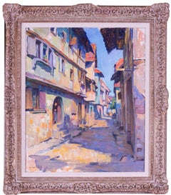 Vintage Post Impressionist oil painting of a street scene in Toul,  France 