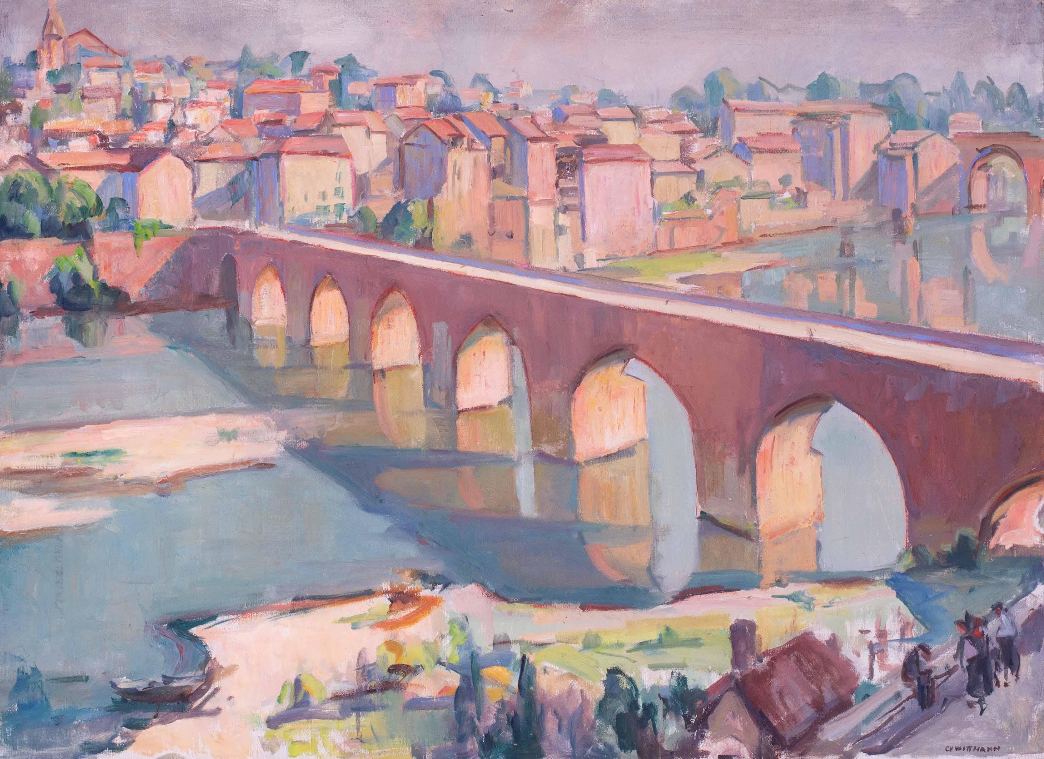 A large and very attractive landscape painting of The old Bridge at Albi in summertime France.  The pinks of the French architecture are perfectly set off by the blues of the water winding itself past the town.

Charles Wittmann (French, 1876 –